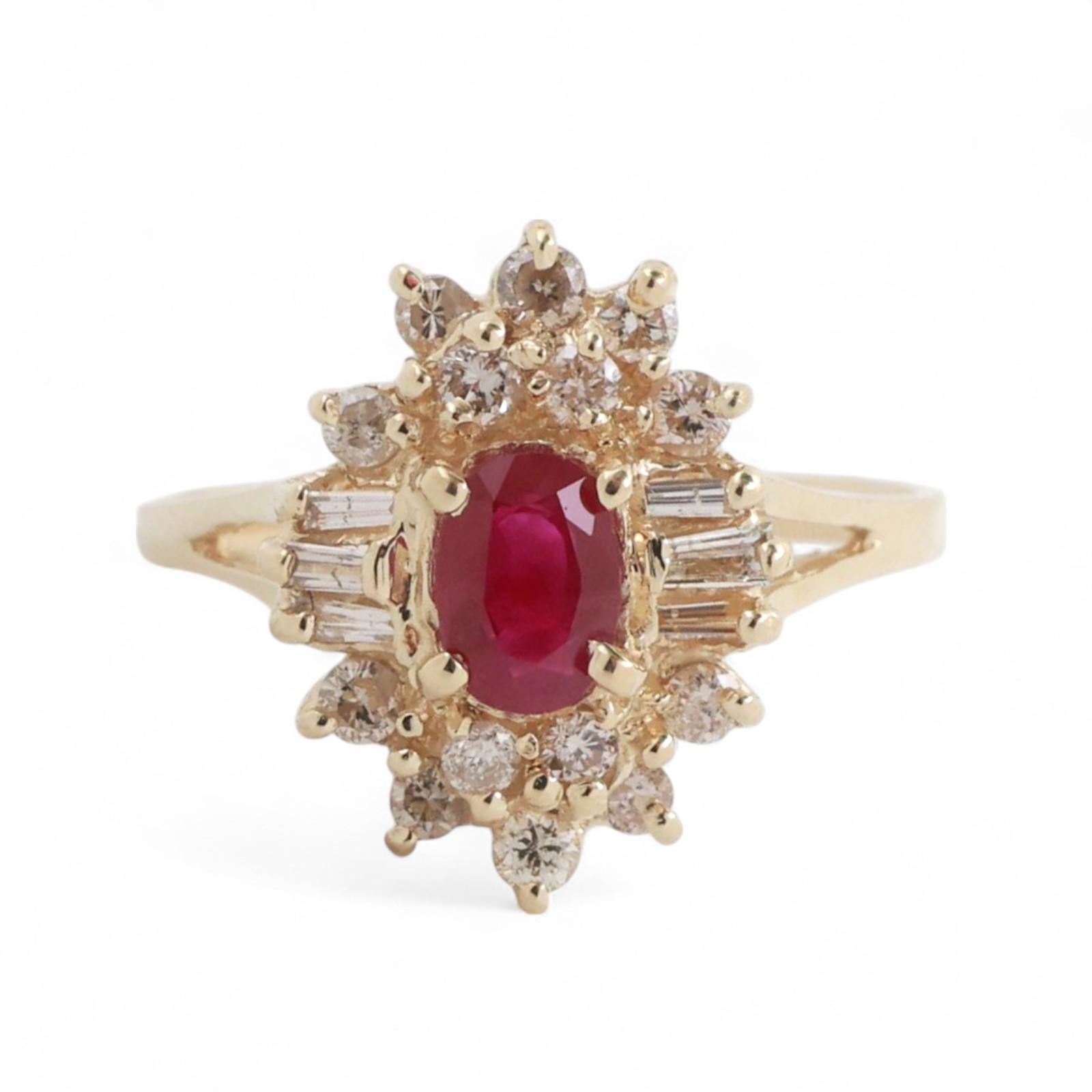 Ruby Diamond Floral Halo Ring 14K Yellow Gold 0.88 CTW Ladies Size 6.5 Estate