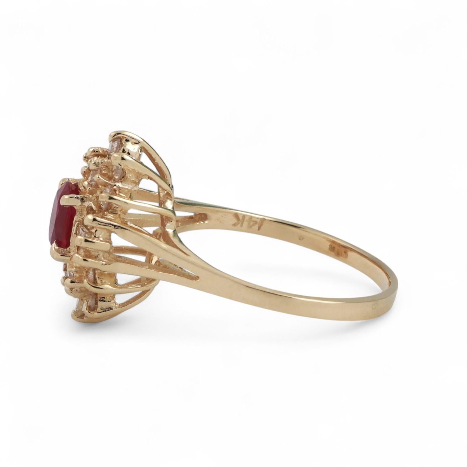 Ruby Diamond Floral Halo Ring 14K Yellow Gold 0.88 CTW Ladies Size 6.5 Estate