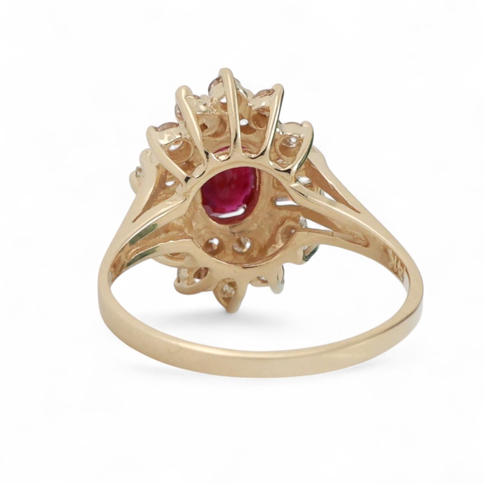 Ruby Diamond Floral Halo Ring 14K Yellow Gold 0.88 CTW Ladies Size 6.5 Estate