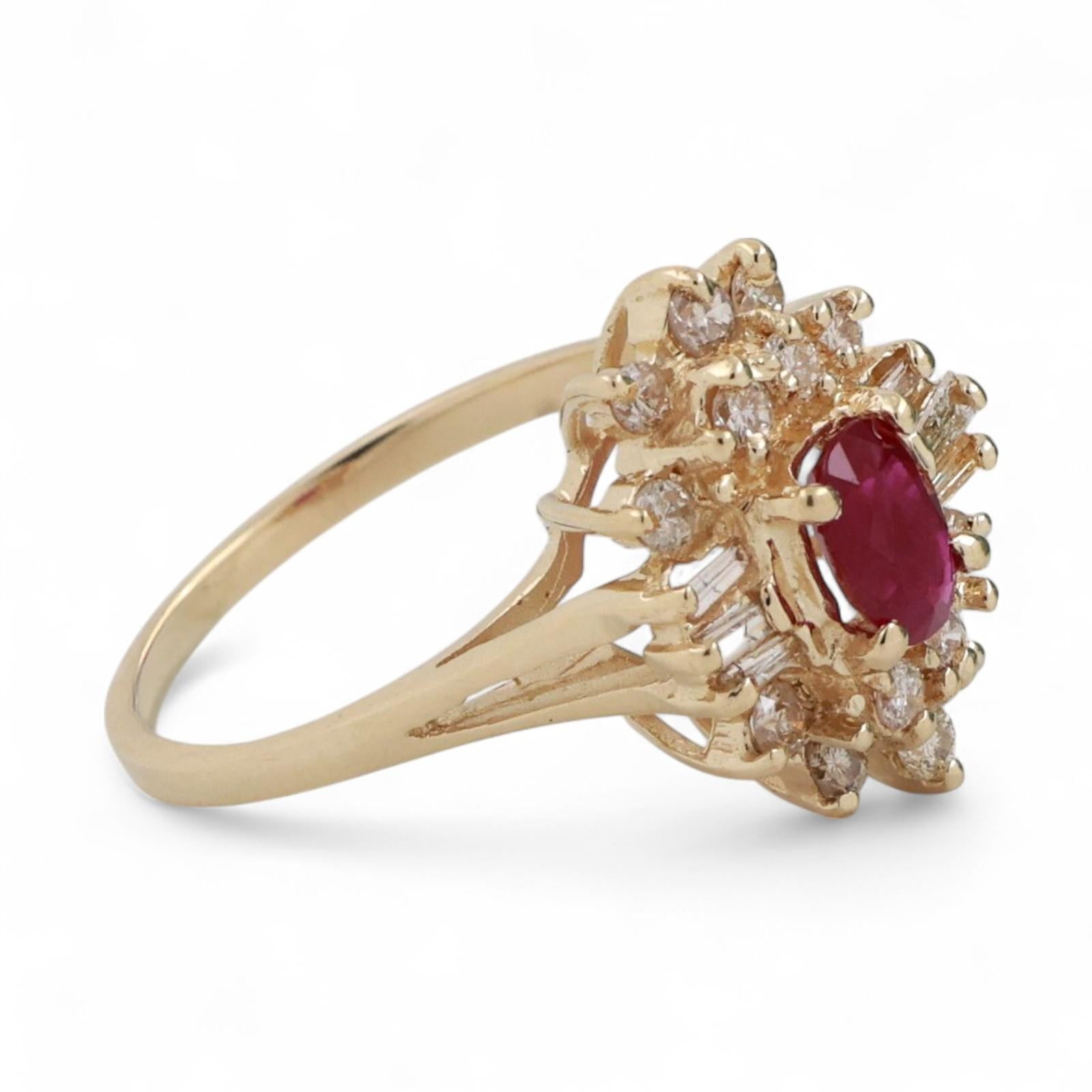 Ruby Diamond Floral Halo Ring 14K Yellow Gold 0.88 CTW Ladies Size 6.5 Estate