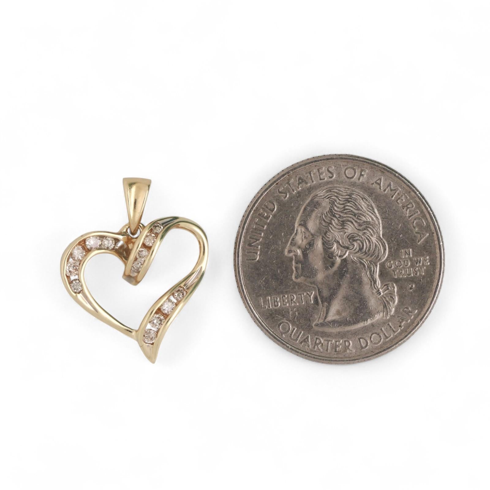Diamond Open Heart Pendant 10K Yellow Gold 0.13 TW Channel Set 0.80" Ladies