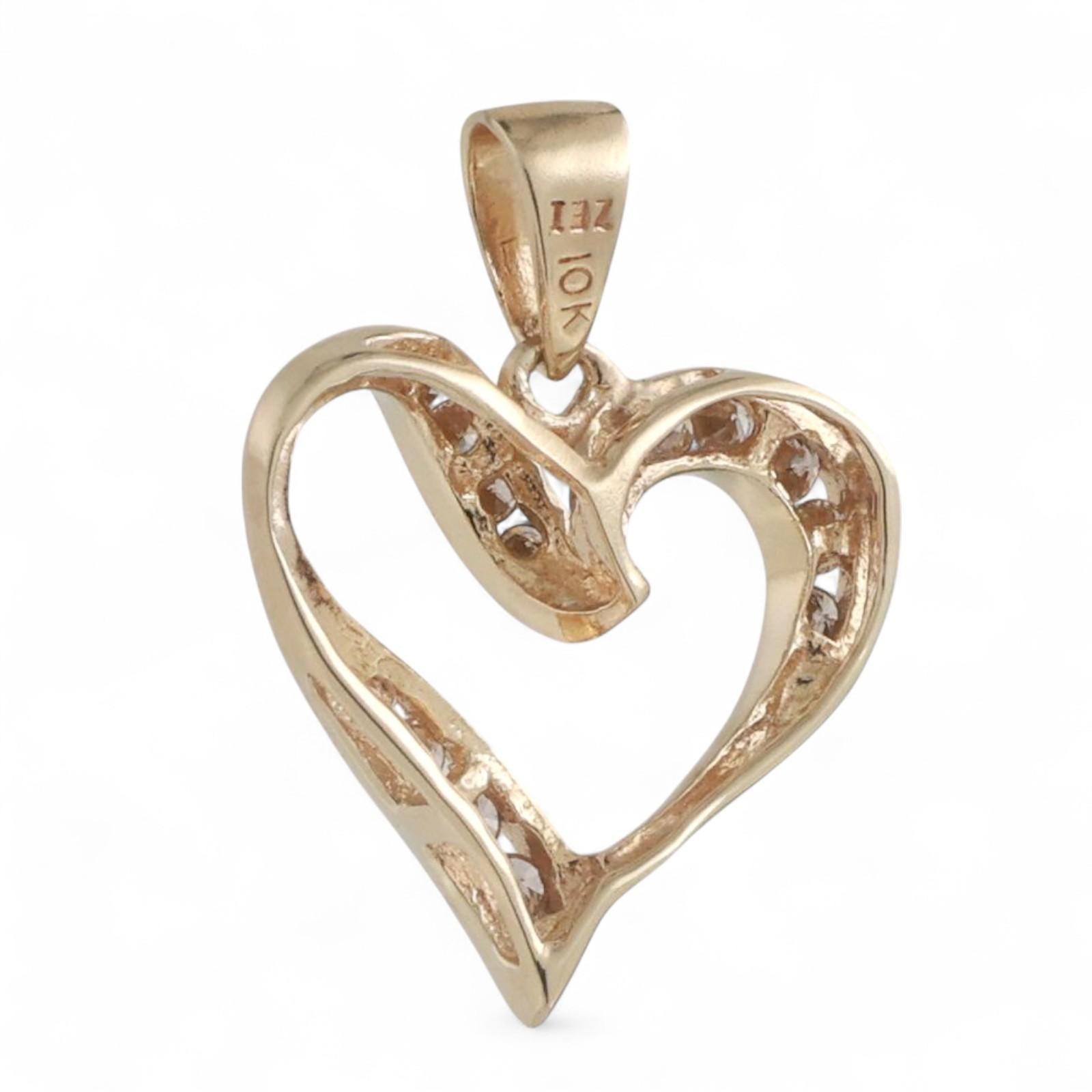 Diamond Open Heart Pendant 10K Yellow Gold 0.13 TW Channel Set 0.80" Ladies