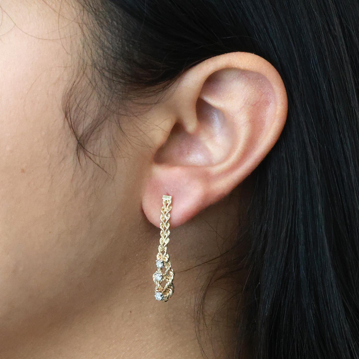 Diamond Rope Chain Dangle Earrings 10K Gold 0.12 TW 1.20" Ladies Estate