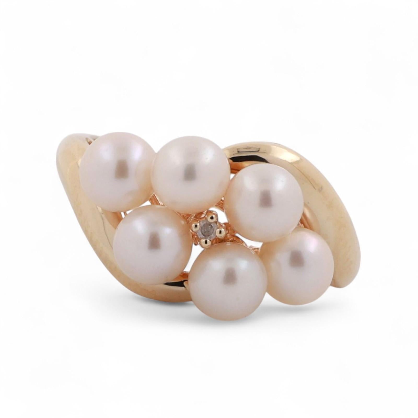 Cultured Akoya Pearl Diamond Cocktail Ring 10K Yellow Gold Swirl Size 6.25