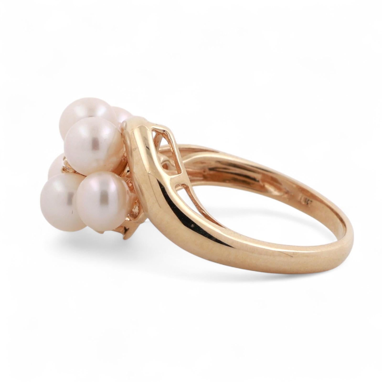Cultured Akoya Pearl Diamond Cocktail Ring 10K Yellow Gold Swirl Size 6.25