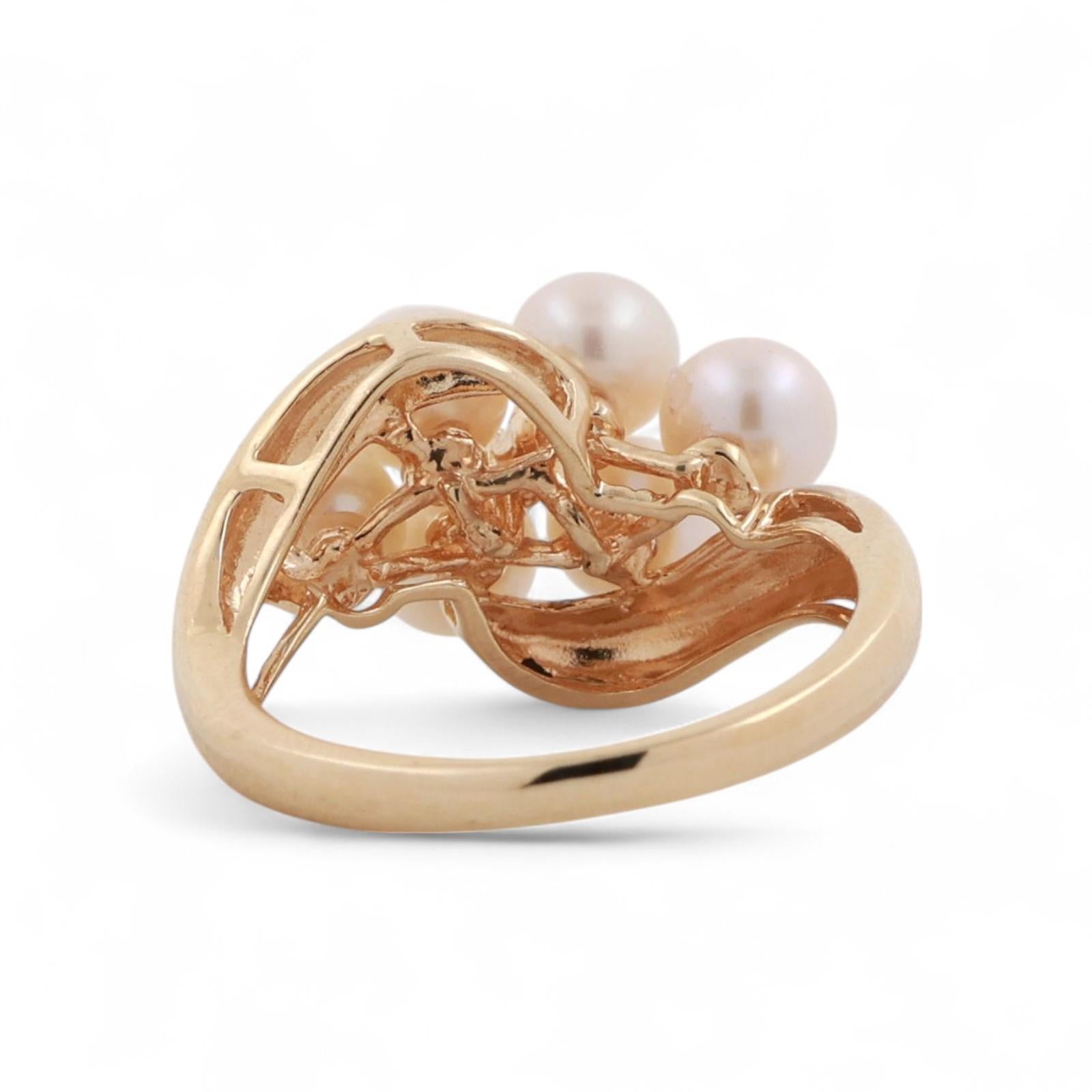 Cultured Akoya Pearl Diamond Cocktail Ring 10K Yellow Gold Swirl Size 6.25