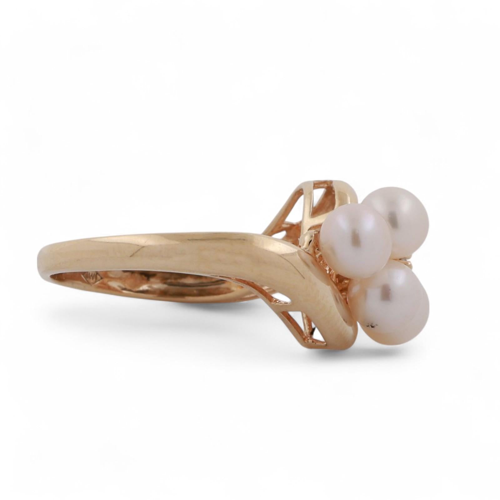 Cultured Akoya Pearl Diamond Cocktail Ring 10K Yellow Gold Swirl Size 6.25
