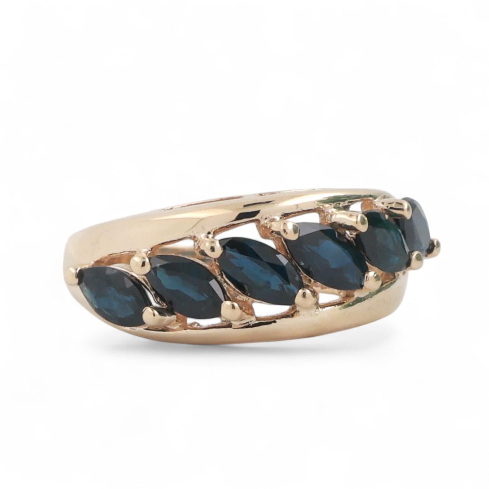6 Stone Marquise Cut Blue Sapphire Ring 10K Yellow Gold 1.68 CTW Size 5.75