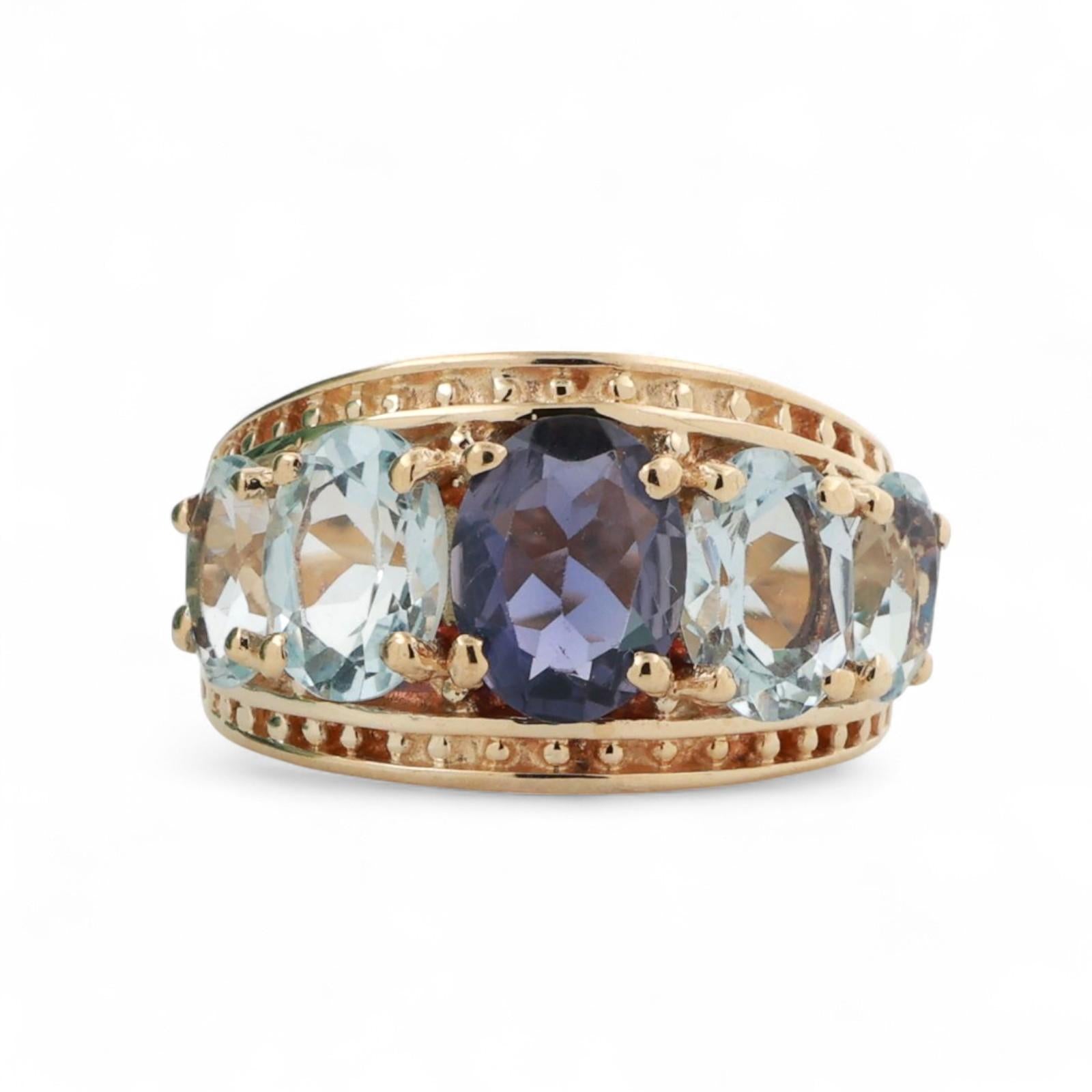 Iolite Blue Topaz Gemstone Band Ring 10K Yellow Gold 4.14 CTW Gems Size 5