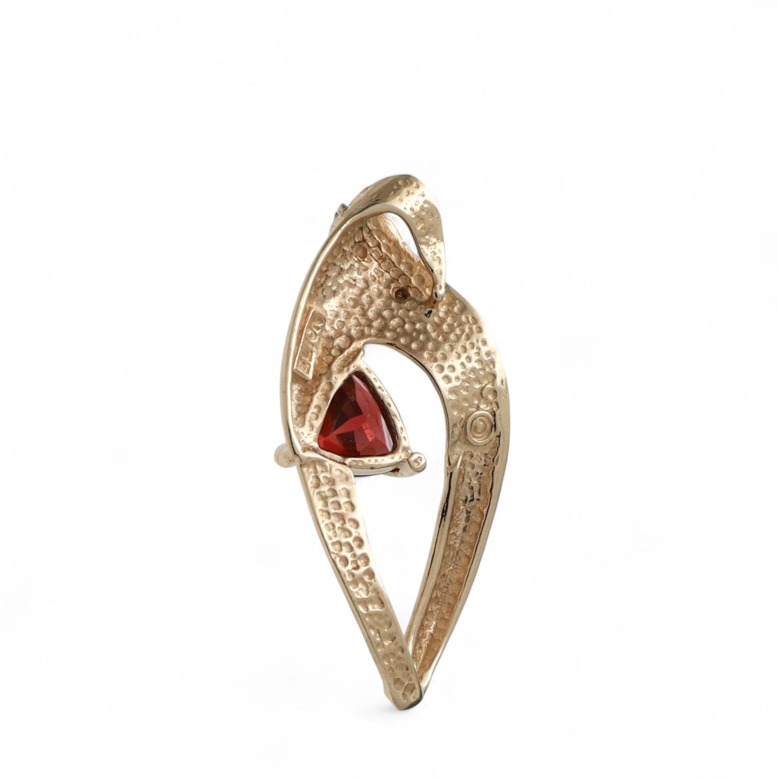 Garnet Diamond Swirl Pendant 10K Gold 0.86 CTW Trillion Cut Gem 1.10" Estate