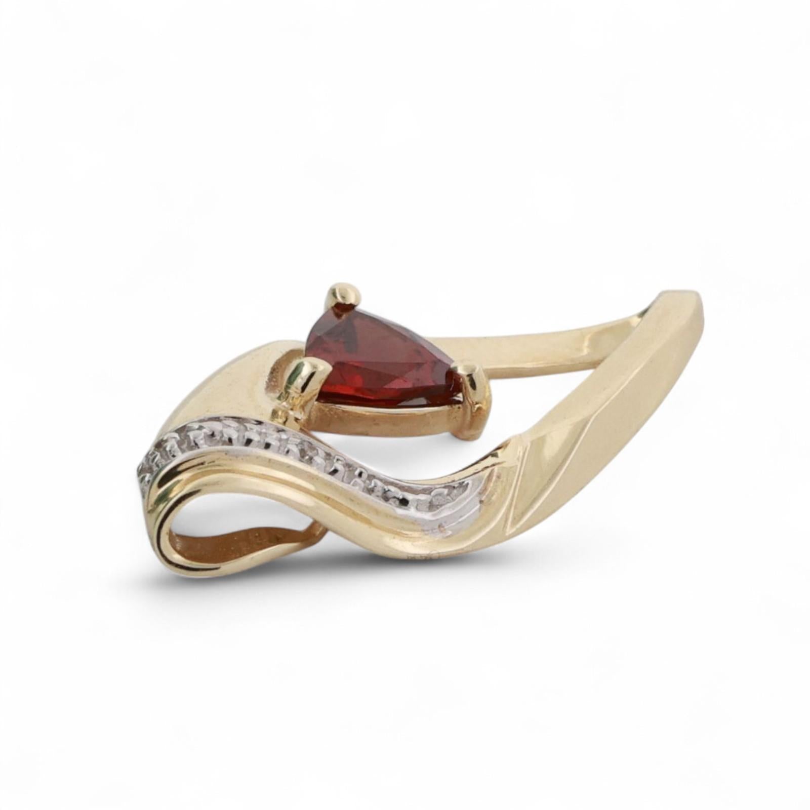 Garnet Diamond Swirl Pendant 10K Gold 0.86 CTW Trillion Cut Gem 1.10" Estate