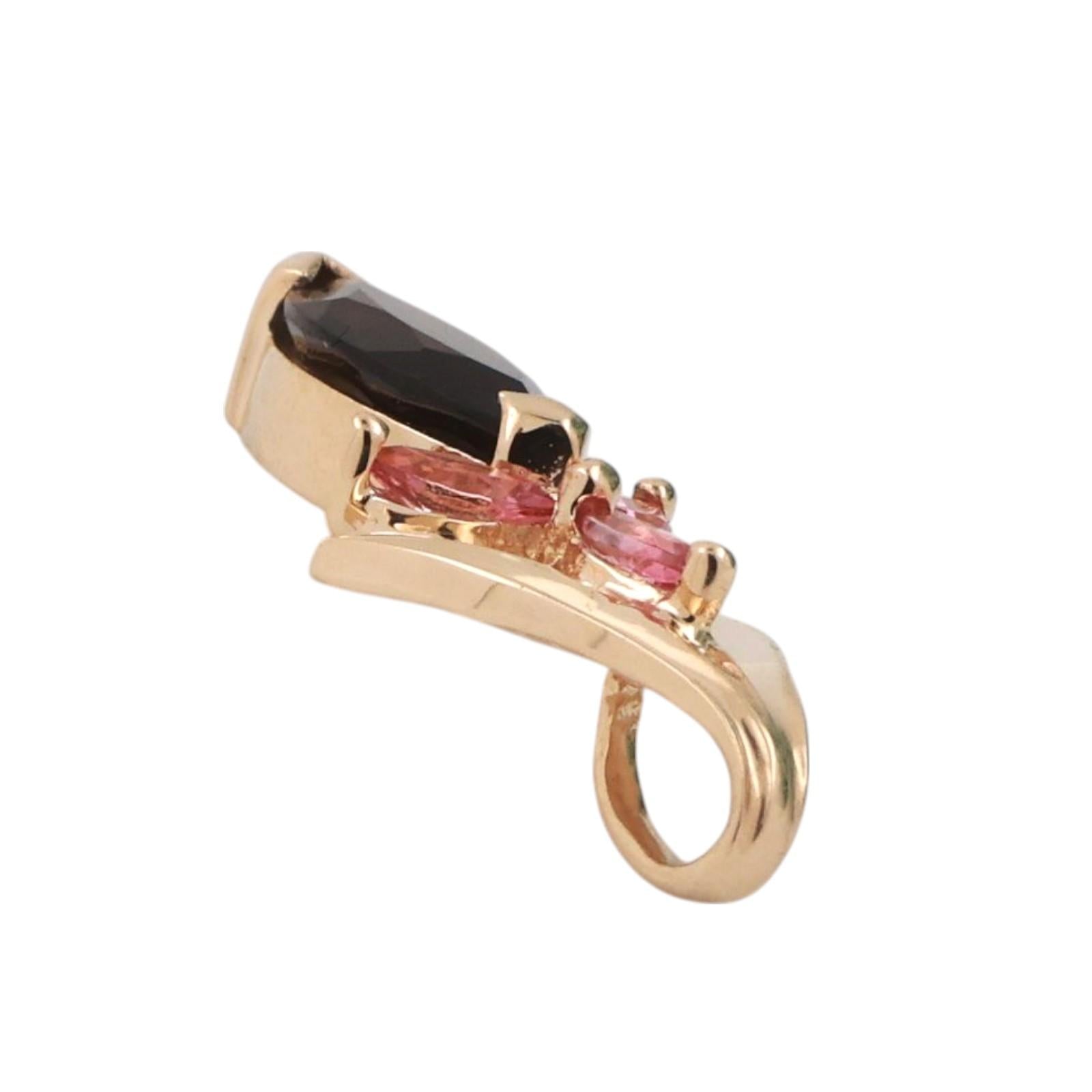 Smoky Quartz Pink Sapphire Floral Pendant 10K Yellow Gold 1.26 CTW 0.85" Ladies