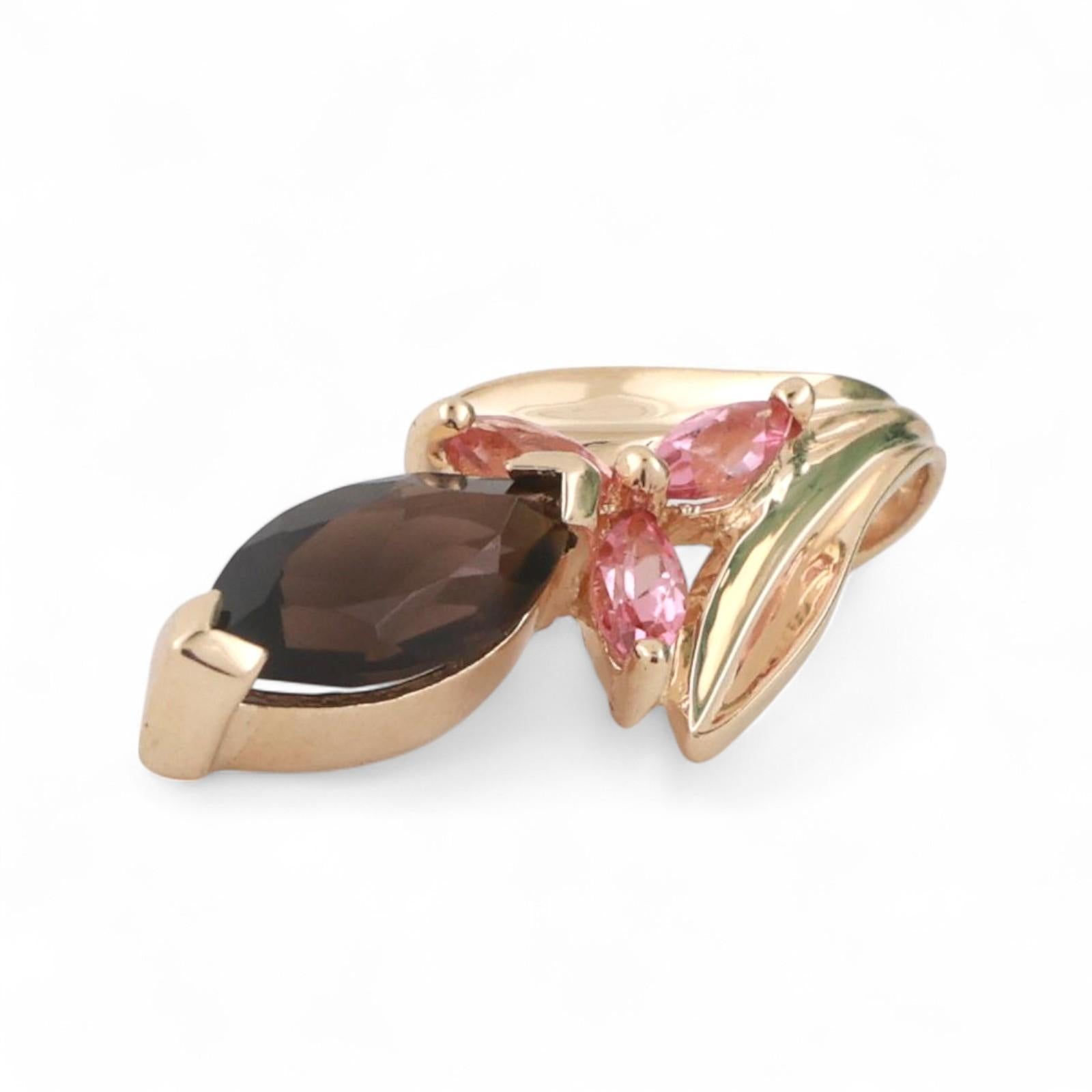 Smoky Quartz Pink Sapphire Floral Pendant 10K Yellow Gold 1.26 CTW 0.85" Ladies