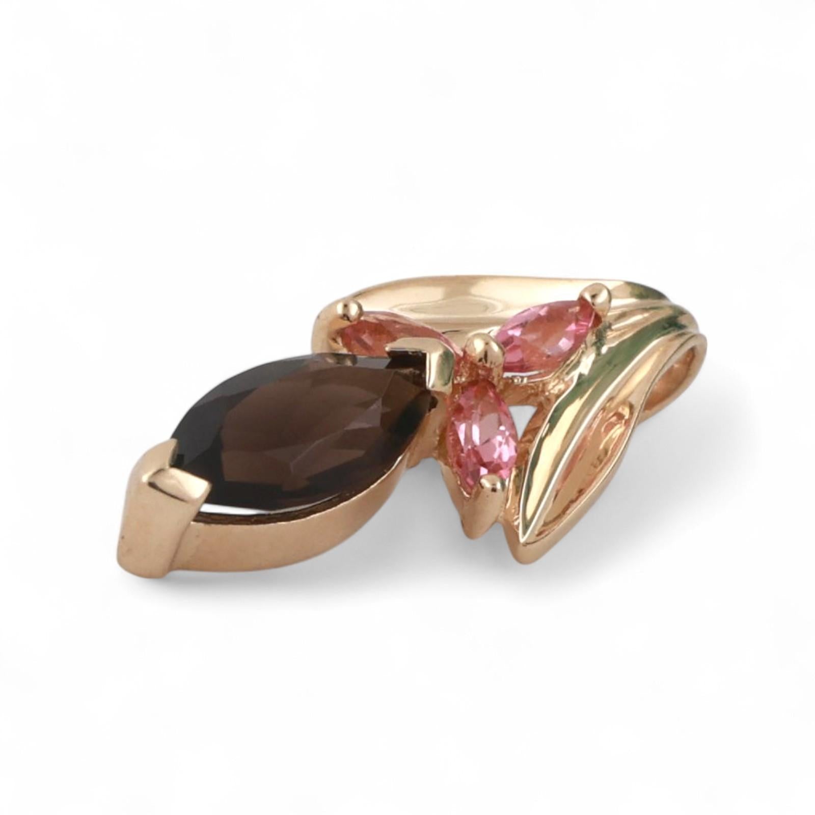 Smoky Quartz Pink Sapphire Floral Pendant 10K Yellow Gold 1.26 CTW 0.85" Ladies