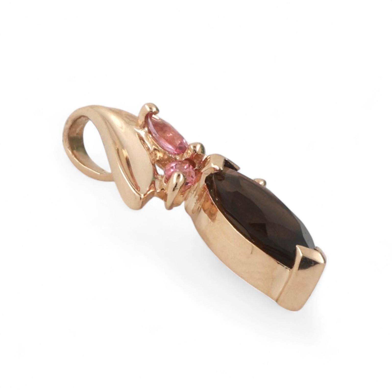 Smoky Quartz Pink Sapphire Floral Pendant 10K Yellow Gold 1.26 CTW 0.85" Ladies