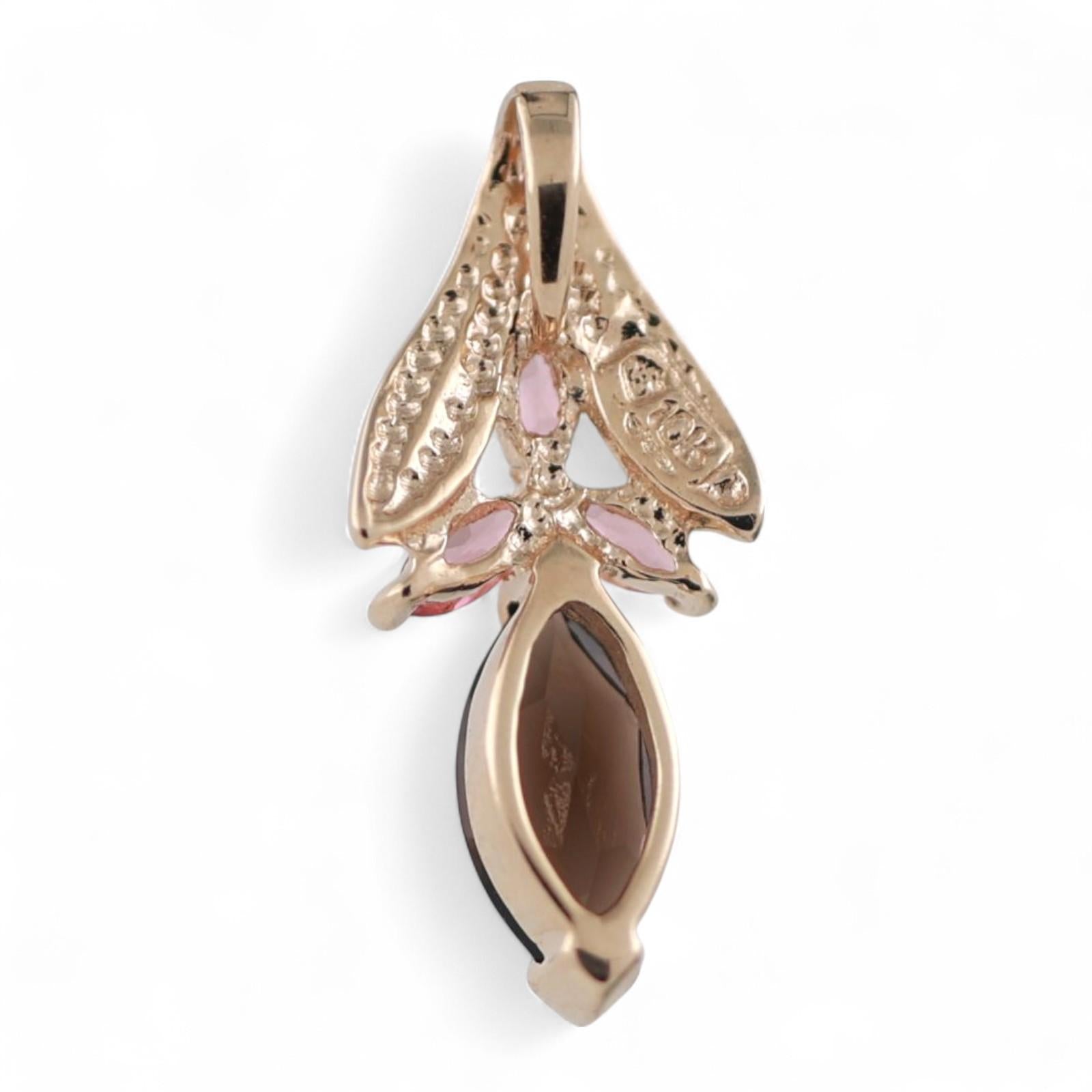 Smoky Quartz Pink Sapphire Floral Pendant 10K Yellow Gold 1.26 CTW 0.85" Ladies