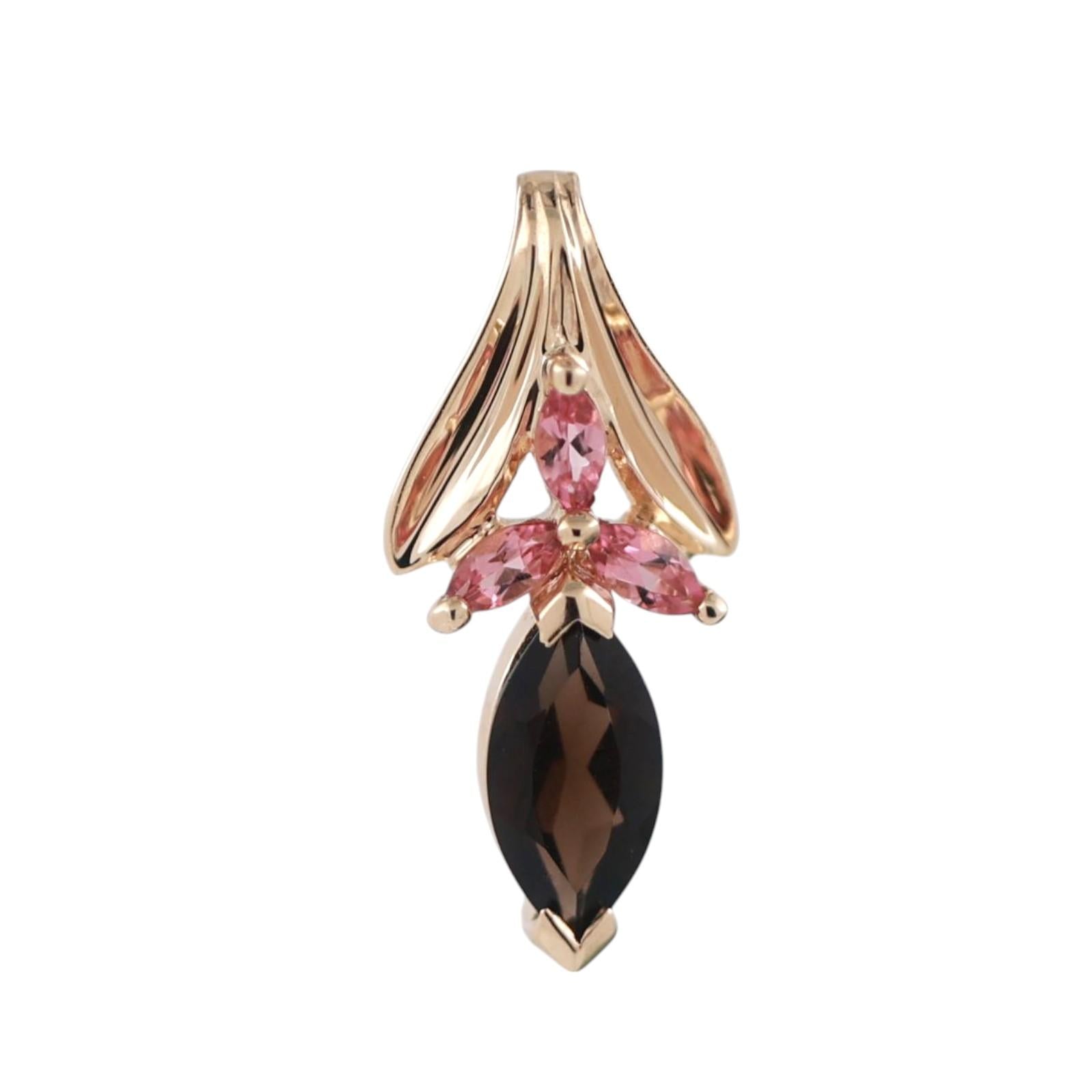 Smoky Quartz Pink Sapphire Floral Pendant 10K Yellow Gold 1.26 CTW 0.85" Ladies