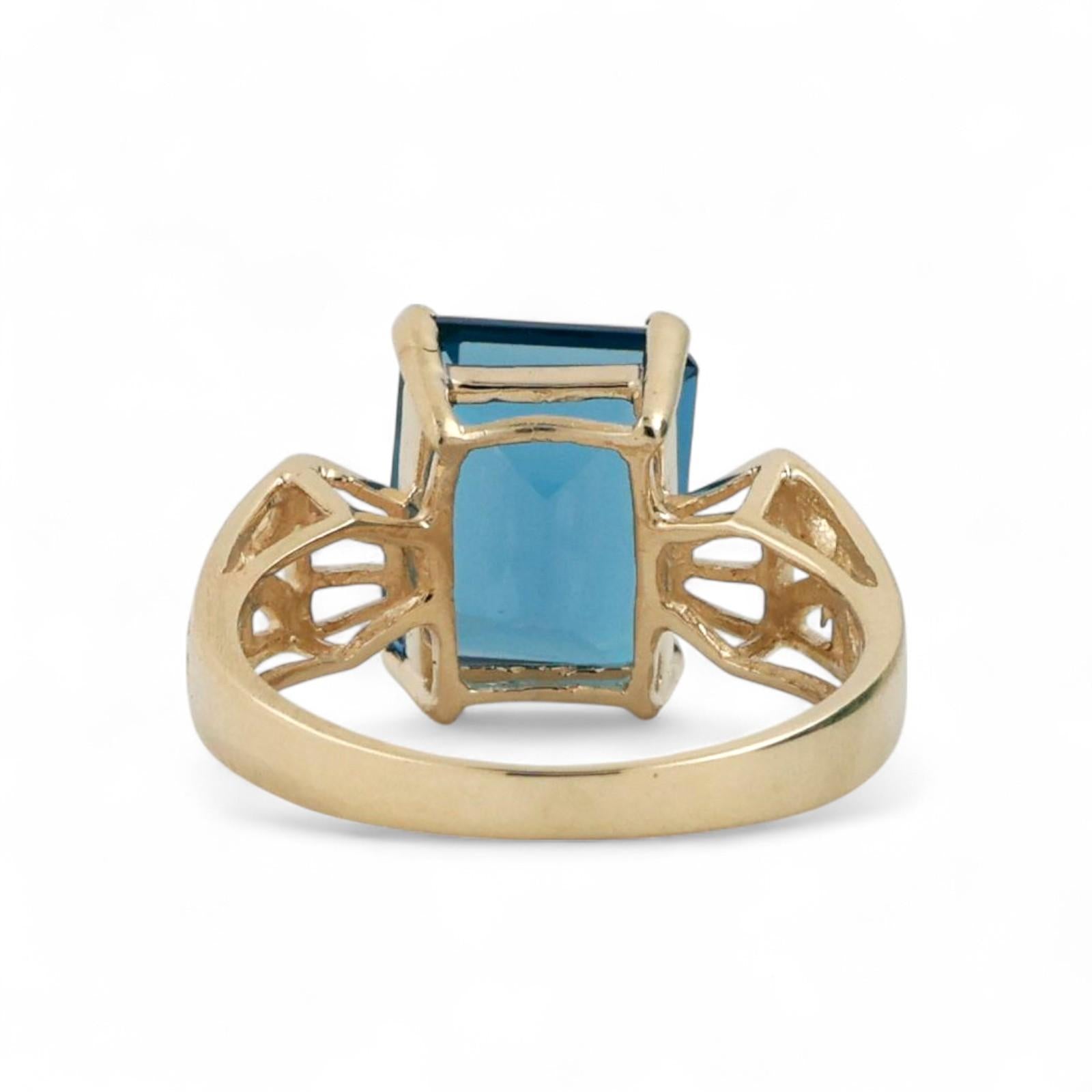 4.26 CT Blue Topaz Solitaire Ring 10K Yellow Gold Emerald Cut Size 5.75 Ladies