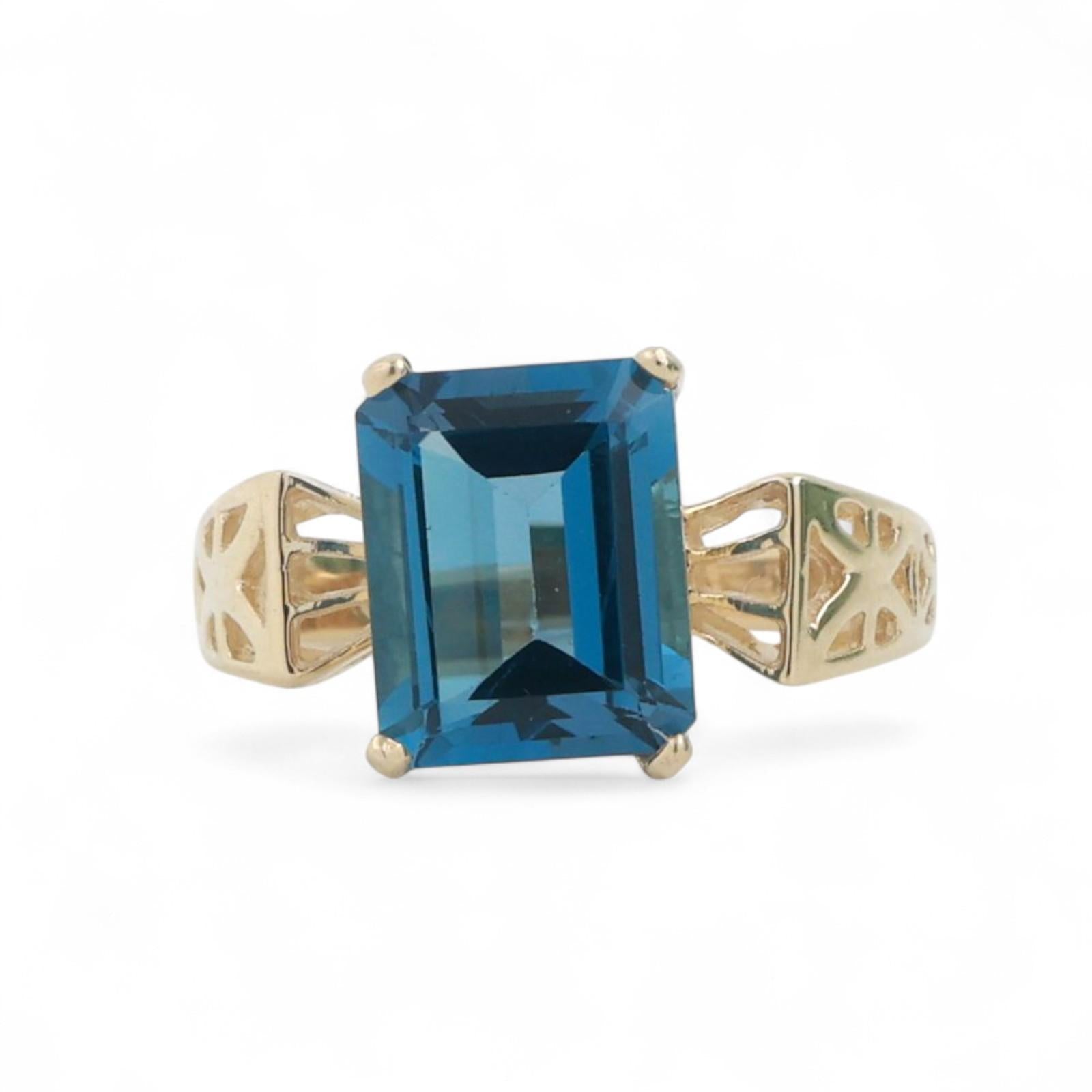 4.26 CT Blue Topaz Solitaire Ring 10K Yellow Gold Emerald Cut Size 5.75 Ladies