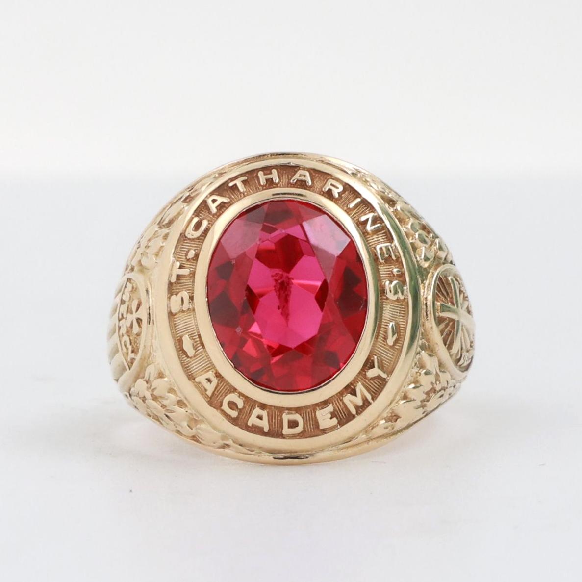 Men's Class Ring St Catharine's Academy 1958 10K Yellow Gold Ruby Gem Size 7