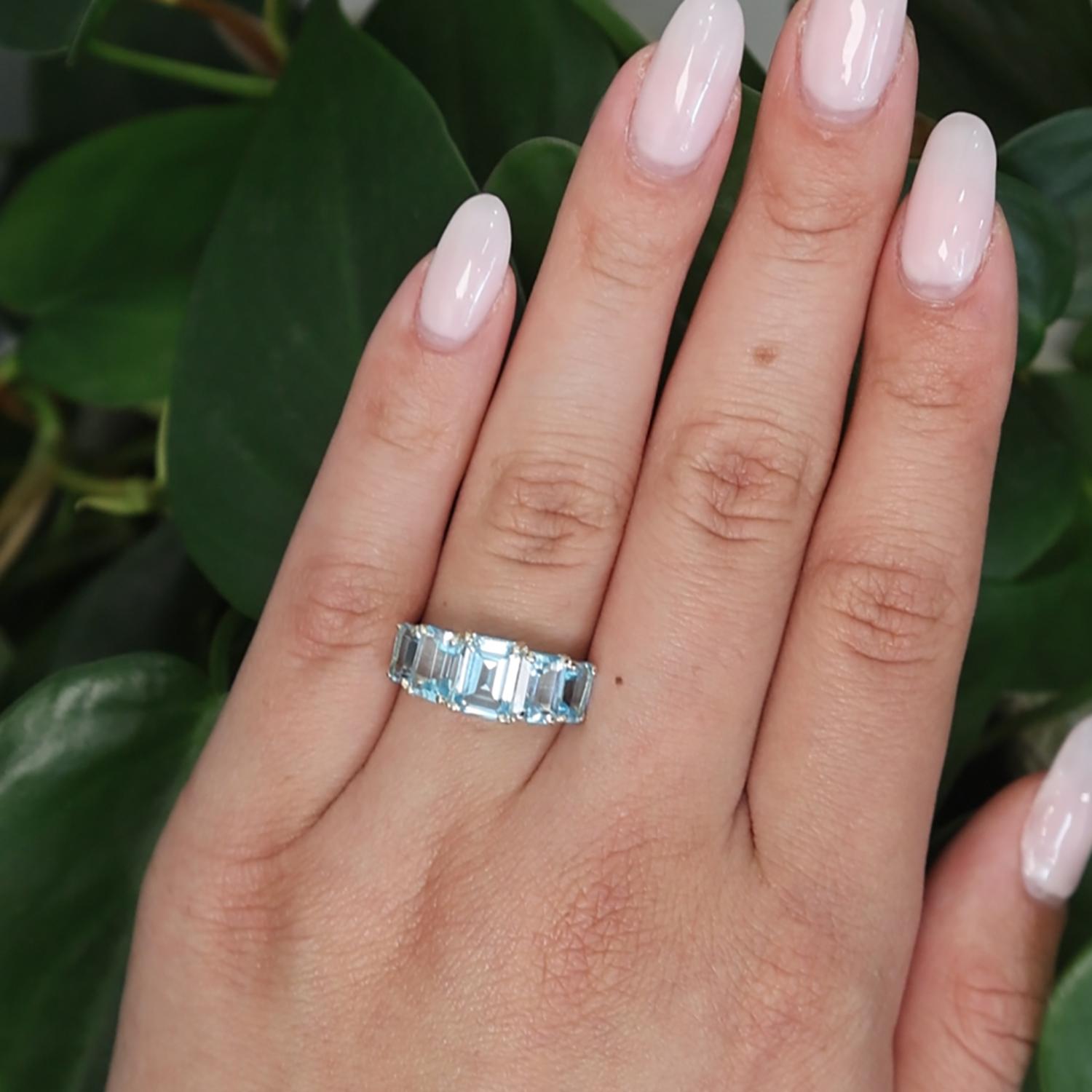 5-Stone Emerald Cut Blue Topaz Gemstone Band Ring 10K Yellow Gold 6.04 TW Size 7