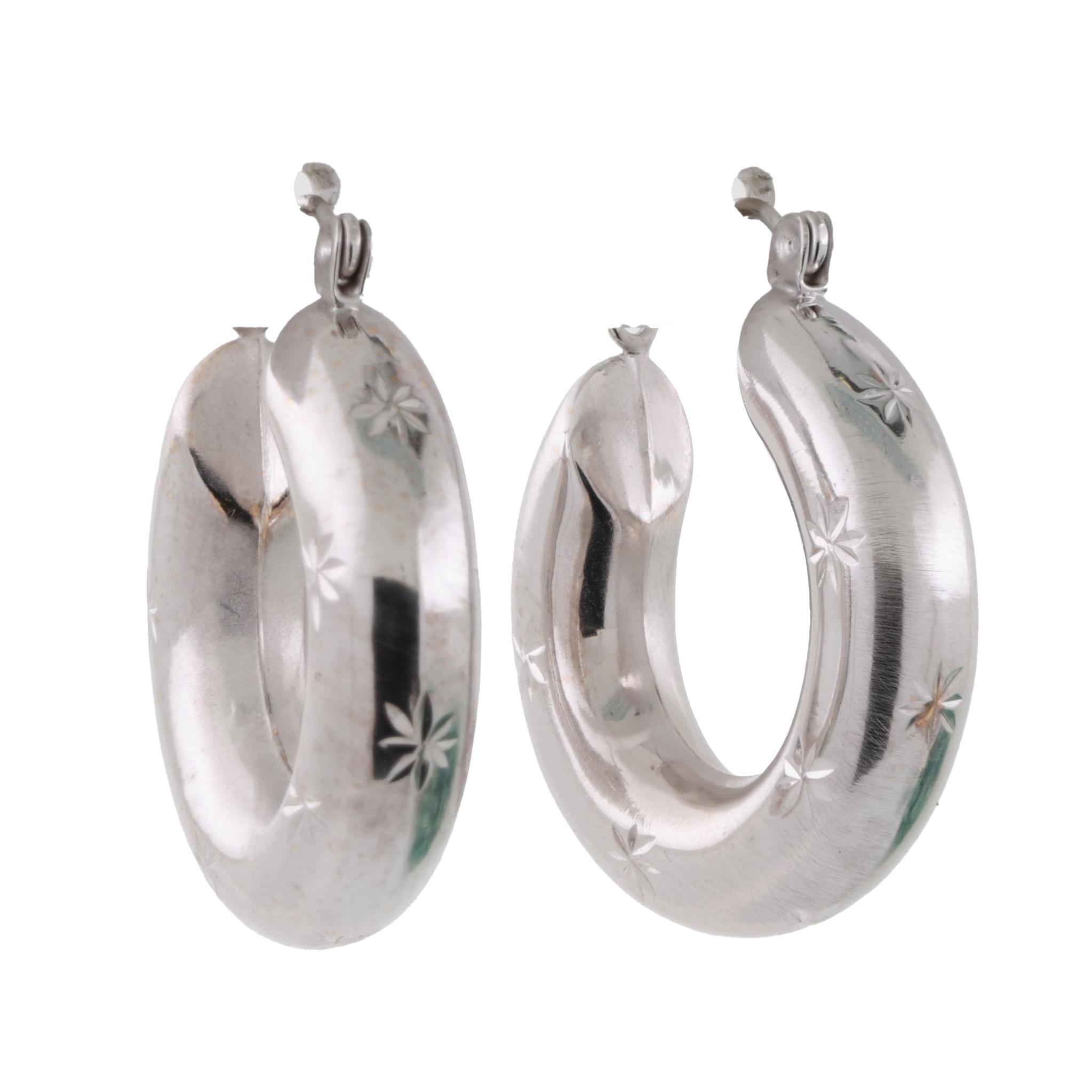 14K White Gold Star Etched Tube Hoop Earrings 1" Ladies Estate