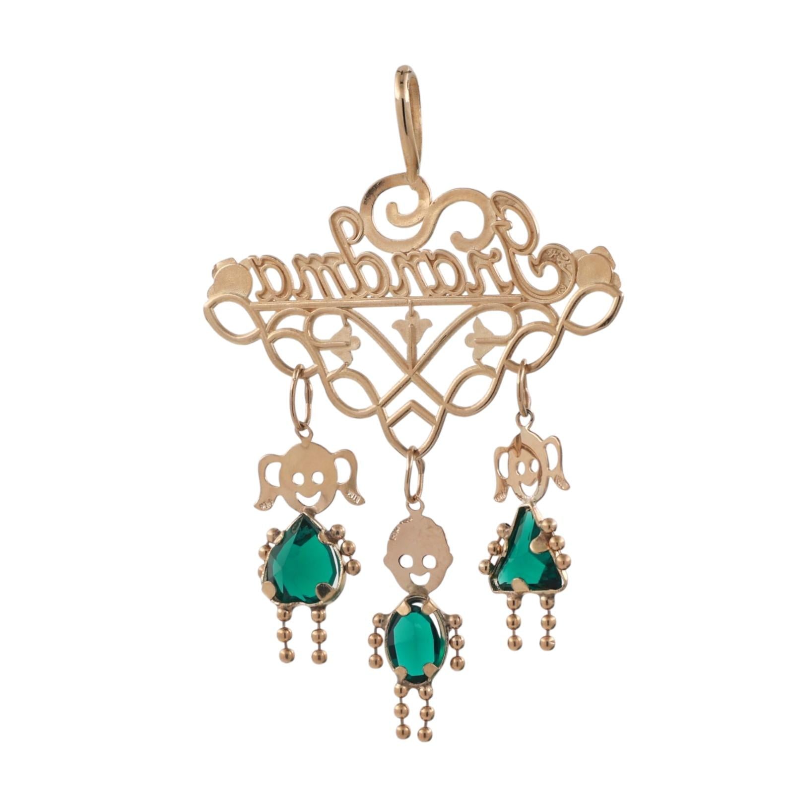 GRANDMA Pendant Charm 3 Dangle Gemstone Kid Charms 14K Yellow Gold 1.95"