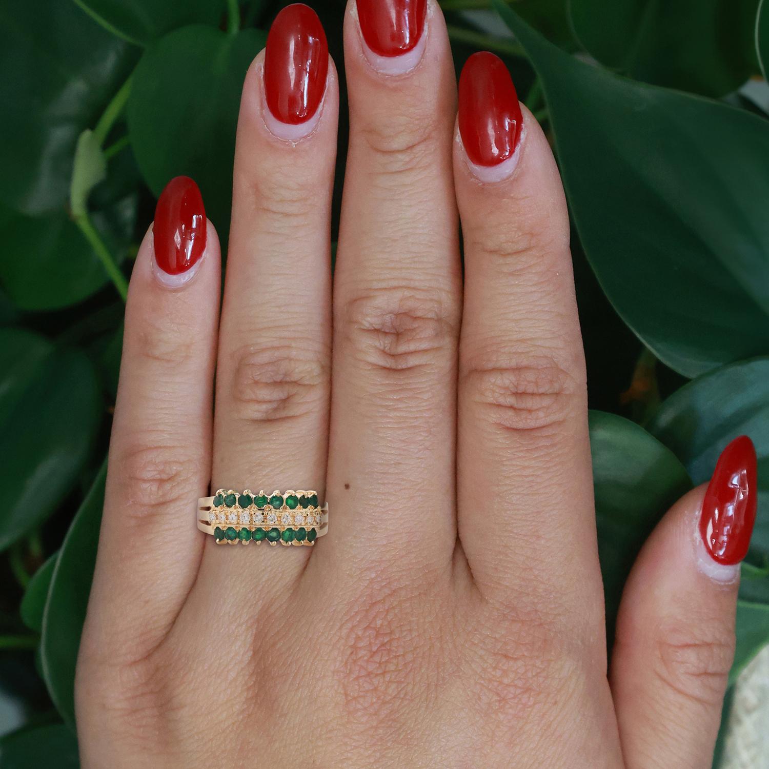 3-Row Emerald Diamond Ring 14K Yellow Gold 1.42 CTW Size 9.25 Ladies Estate