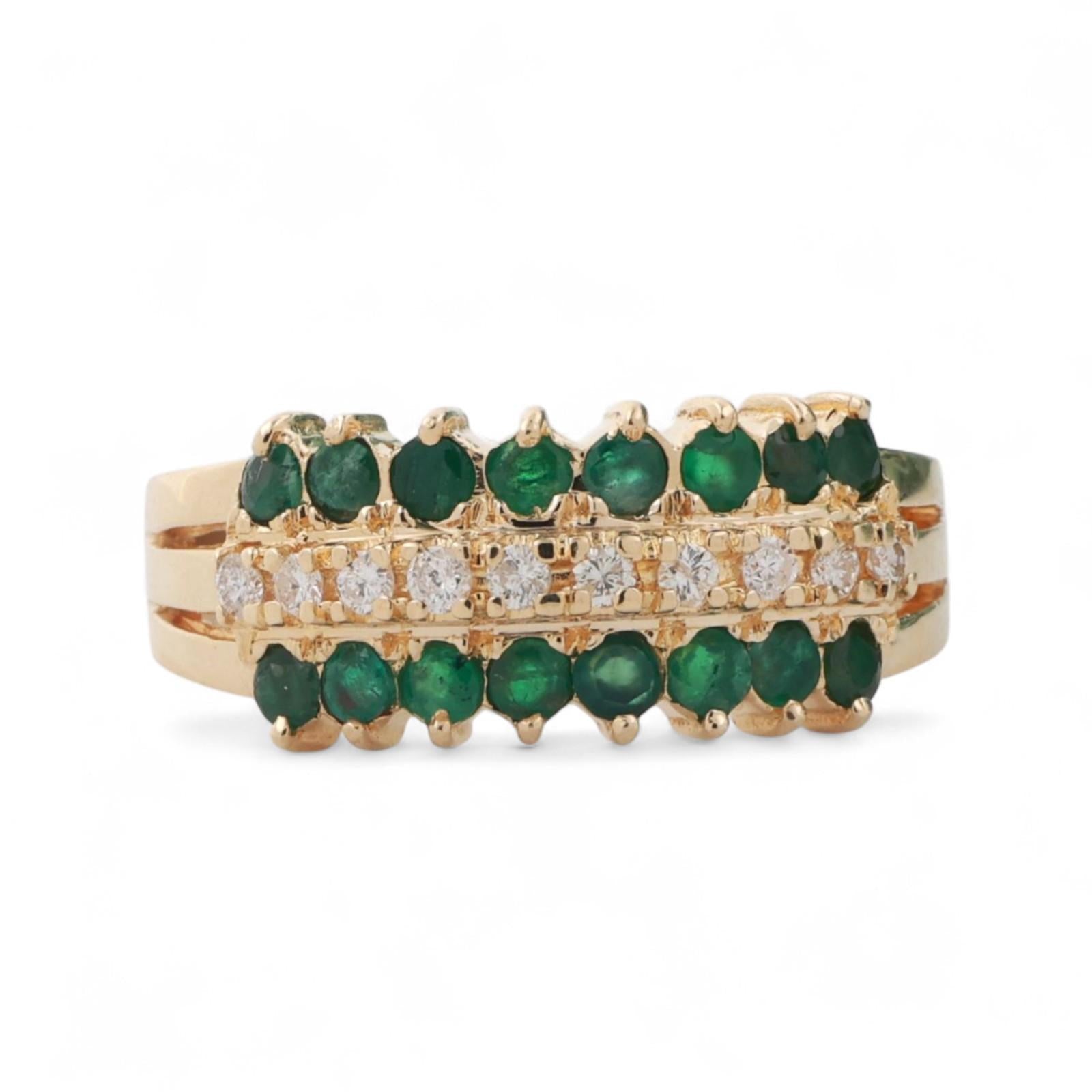 3-Row Emerald Diamond Ring 14K Yellow Gold 1.42 CTW Size 9.25 Ladies Estate