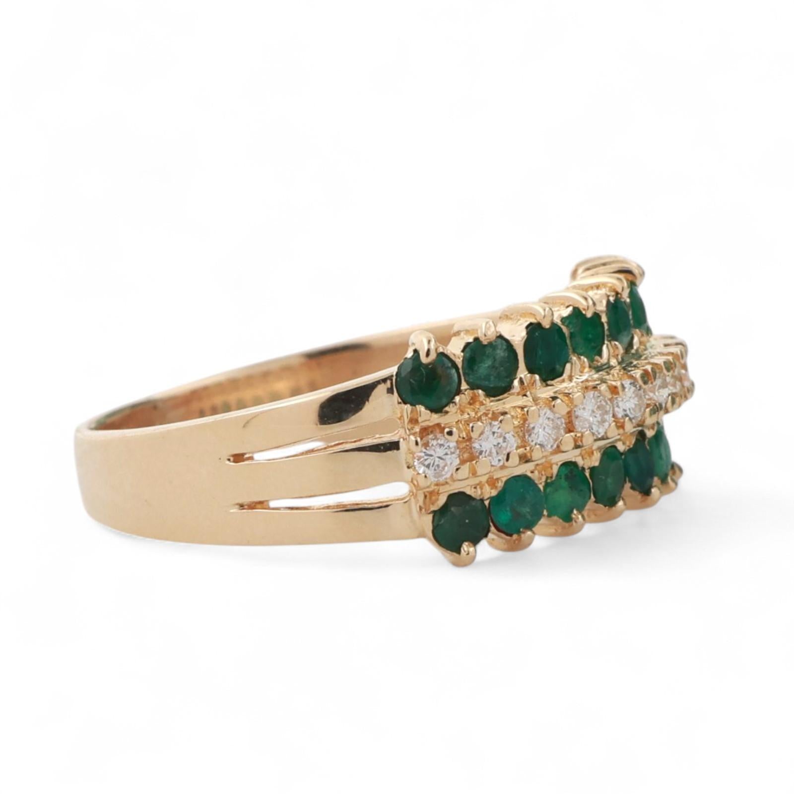 3-Row Emerald Diamond Ring 14K Yellow Gold 1.42 CTW Size 9.25 Ladies Estate