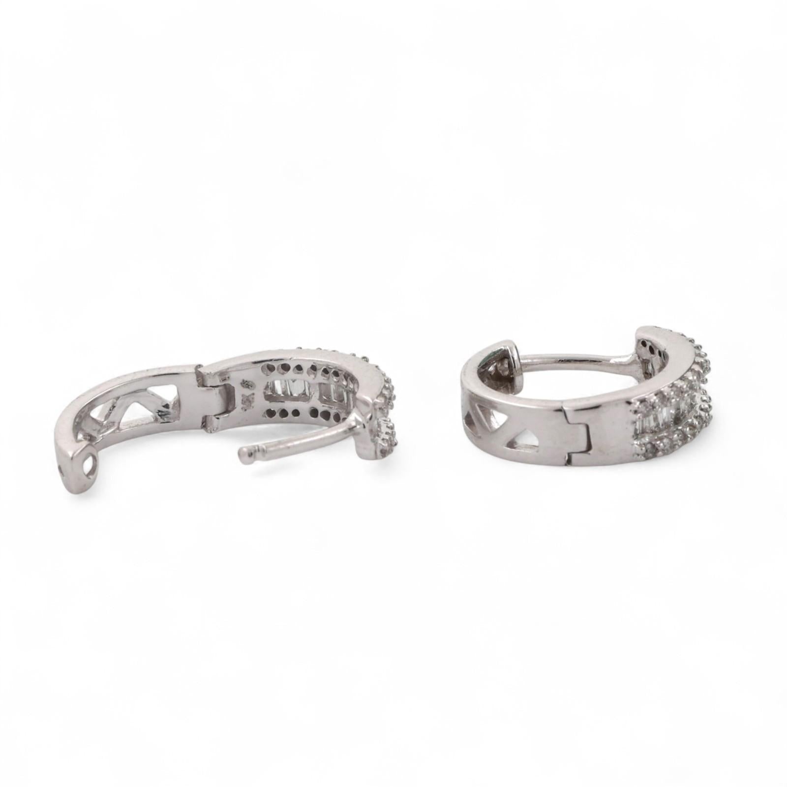 Diamond Huggie Earrings 14K White Gold 0.50 TW Round Baguette Diamonds 0.40"