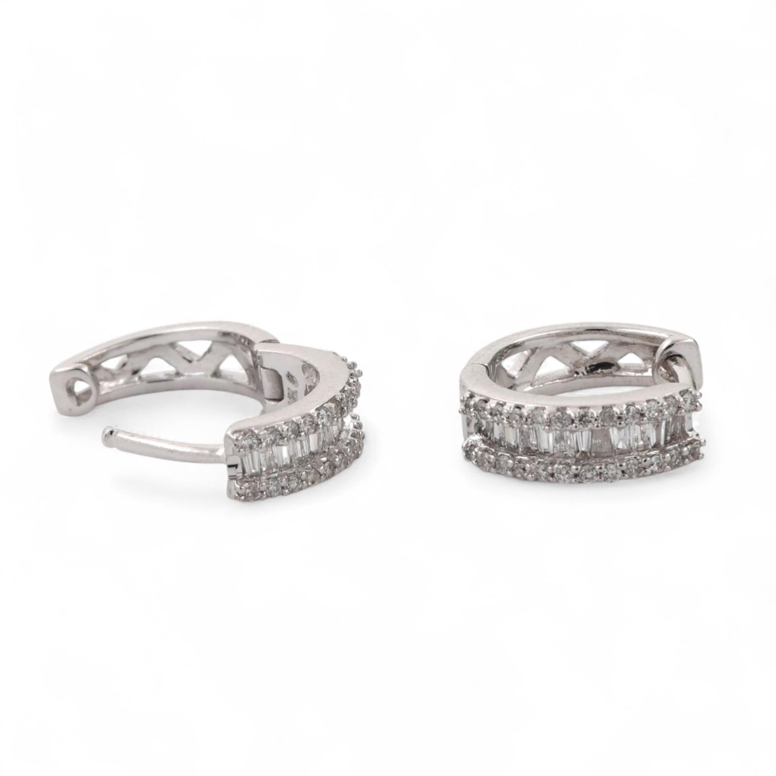 Diamond Huggie Earrings 14K White Gold 0.50 TW Round Baguette Diamonds 0.40"