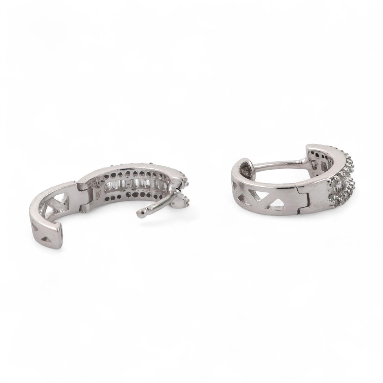 Diamond Huggie Earrings 14K White Gold 0.50 TW Round Baguette Diamonds 0.40"