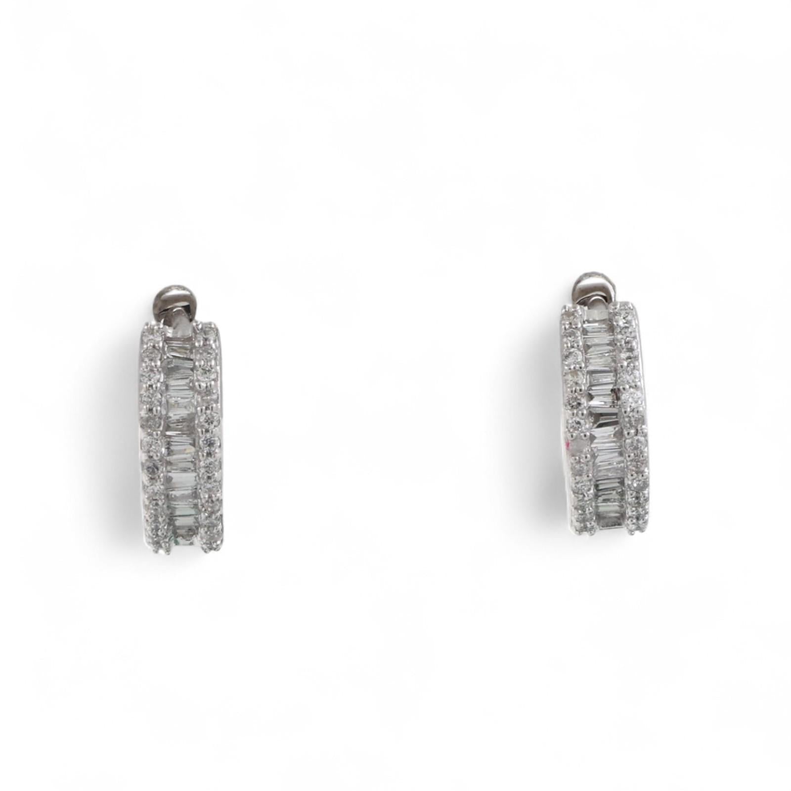 Diamond Huggie Earrings 14K White Gold 0.50 TW Round Baguette Diamonds 0.40"