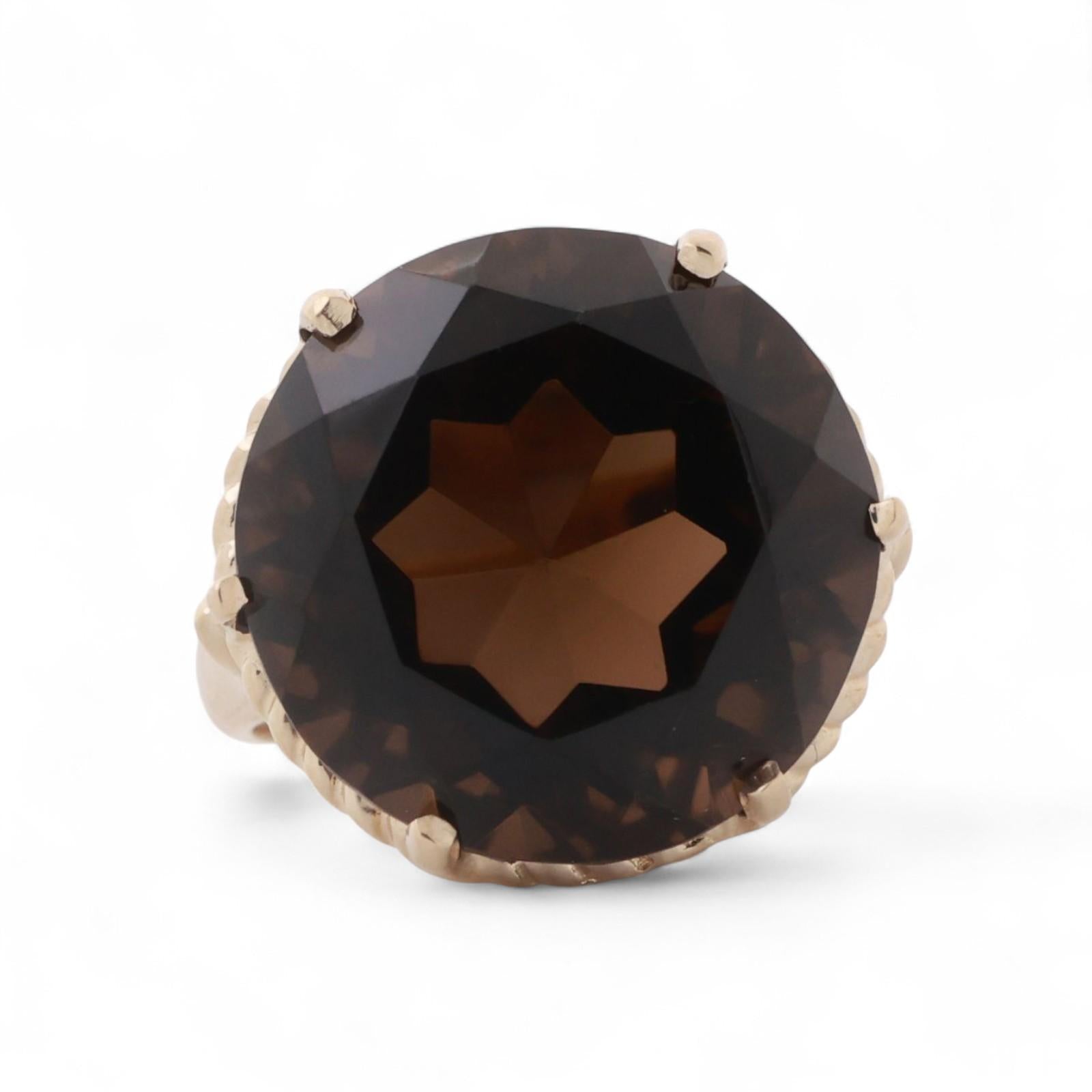 Smoky Quartz Solitaire Filigree Cocktail Ring 14.56 CT 14K Yellow Gold Size 4.75