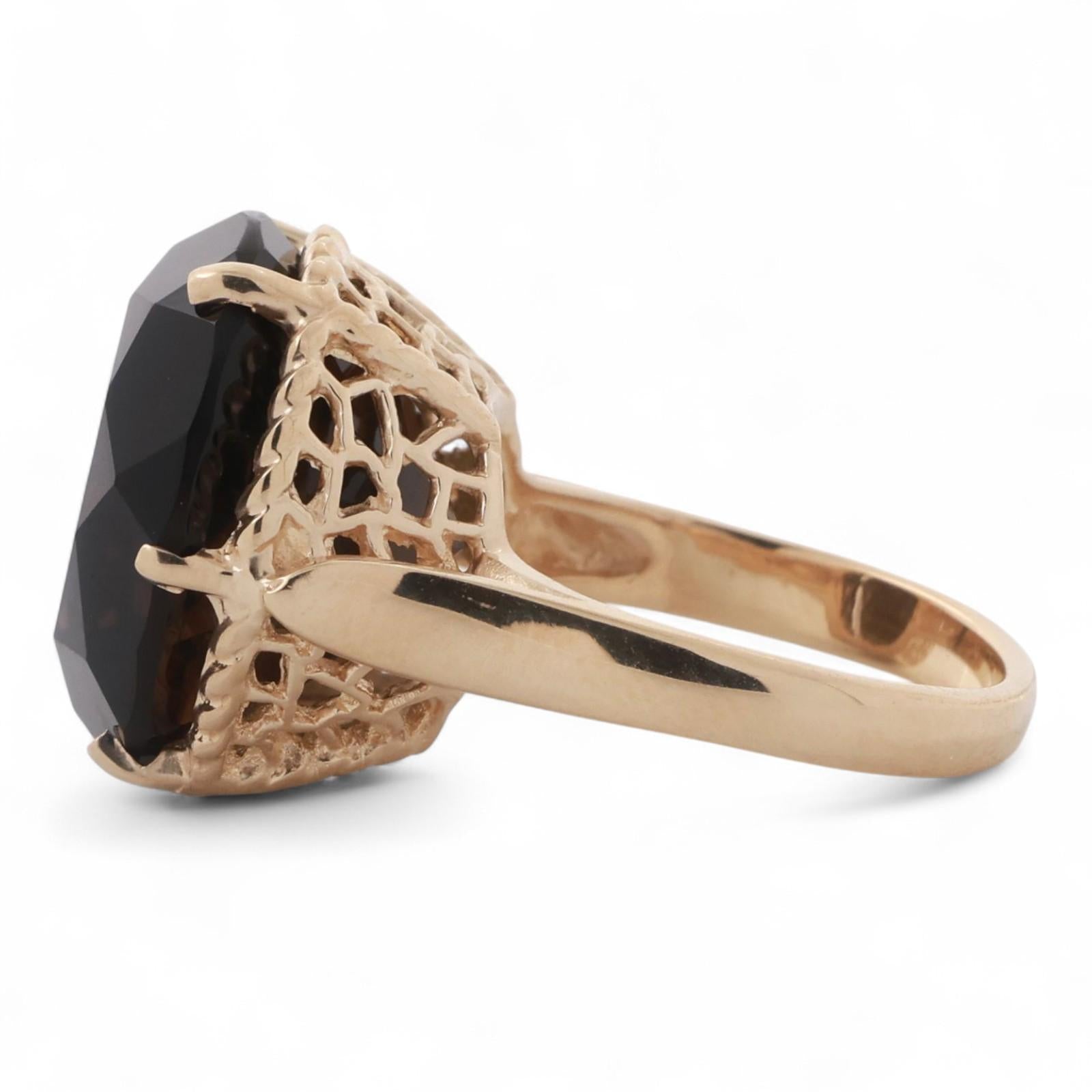 Smoky Quartz Solitaire Filigree Cocktail Ring 14.56 CT 14K Yellow Gold Size 4.75