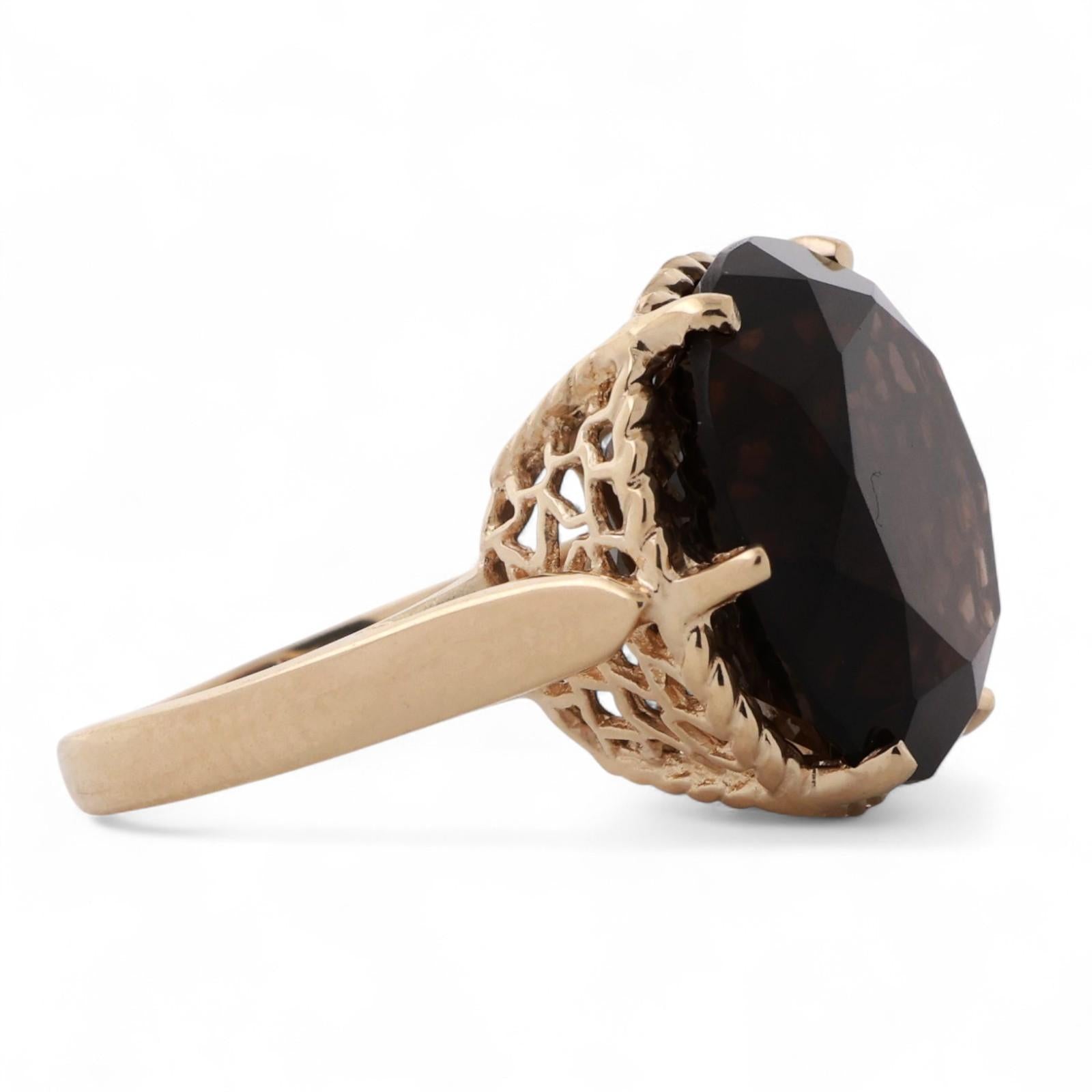 Smoky Quartz Solitaire Filigree Cocktail Ring 14.56 CT 14K Yellow Gold Size 4.75