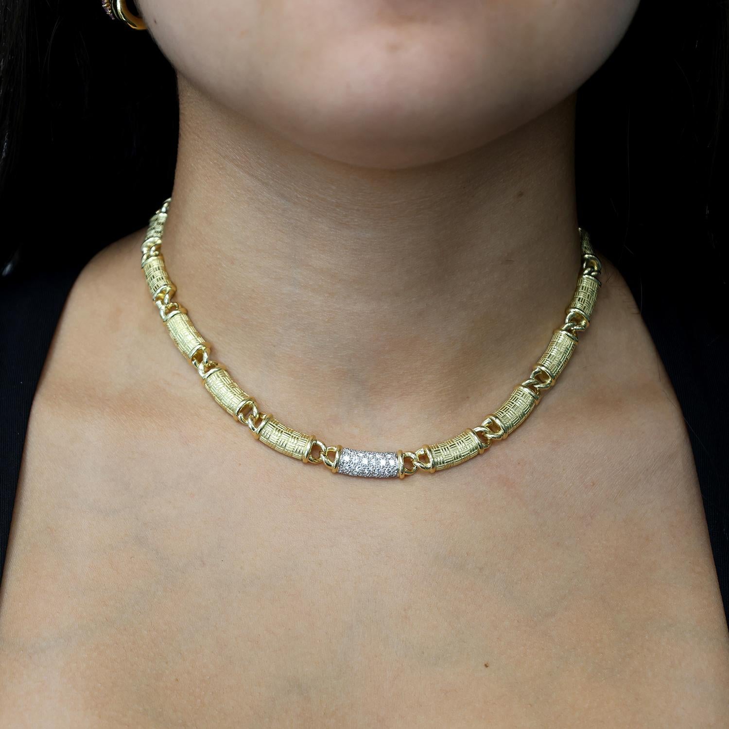 Estate Bar Link Diamond Choker Necklace 18K Y/ Gold Platinum 1.50 TW 15.5"