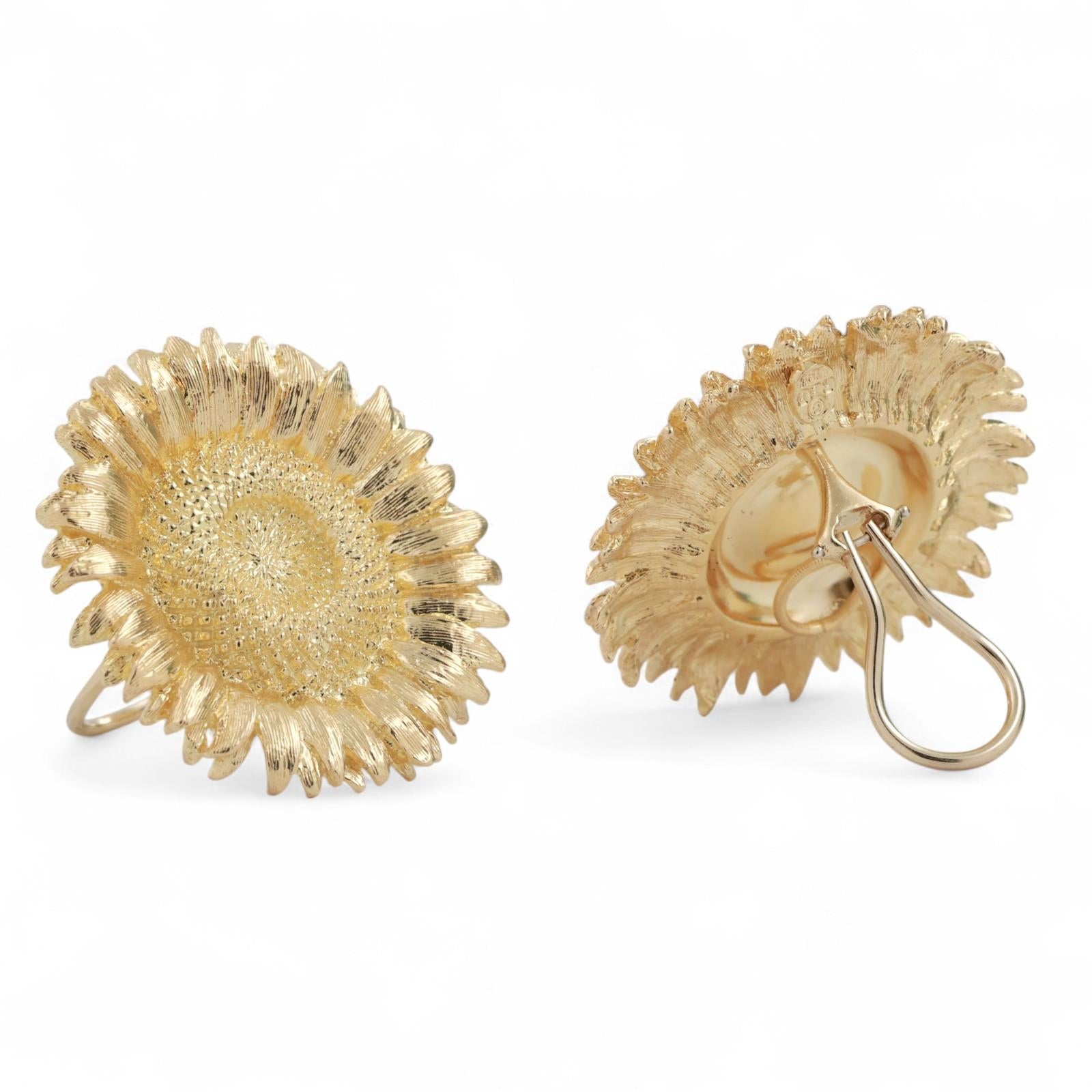 Robert Bruce Bielka Sunflower Earrings Clip On 18K Yellow Gold 1.30" Ladies