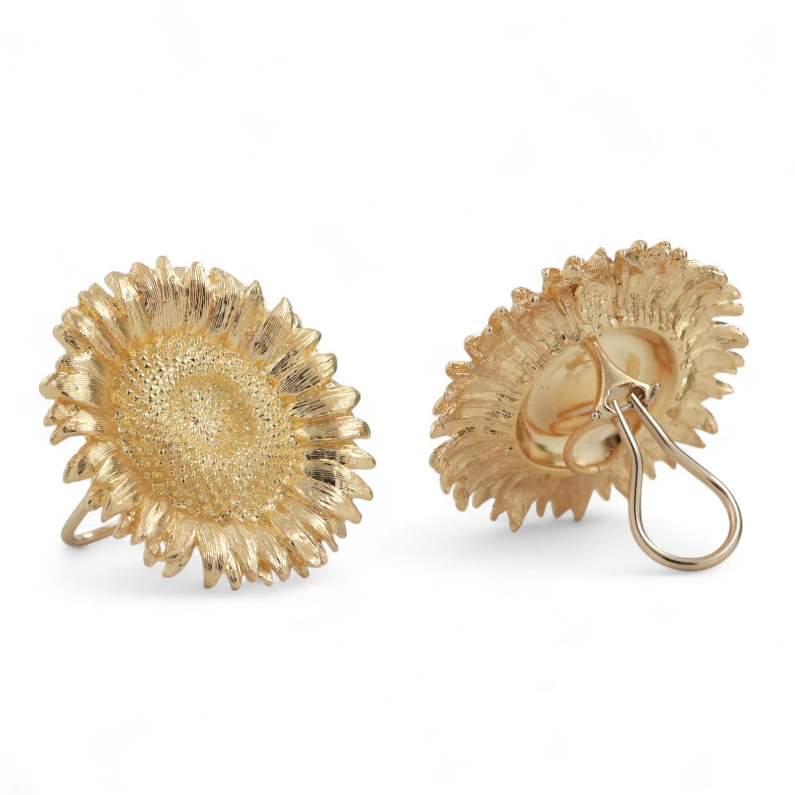 Robert Bruce Bielka Sunflower Earrings Clip On 18K Yellow Gold 1.30" Ladies