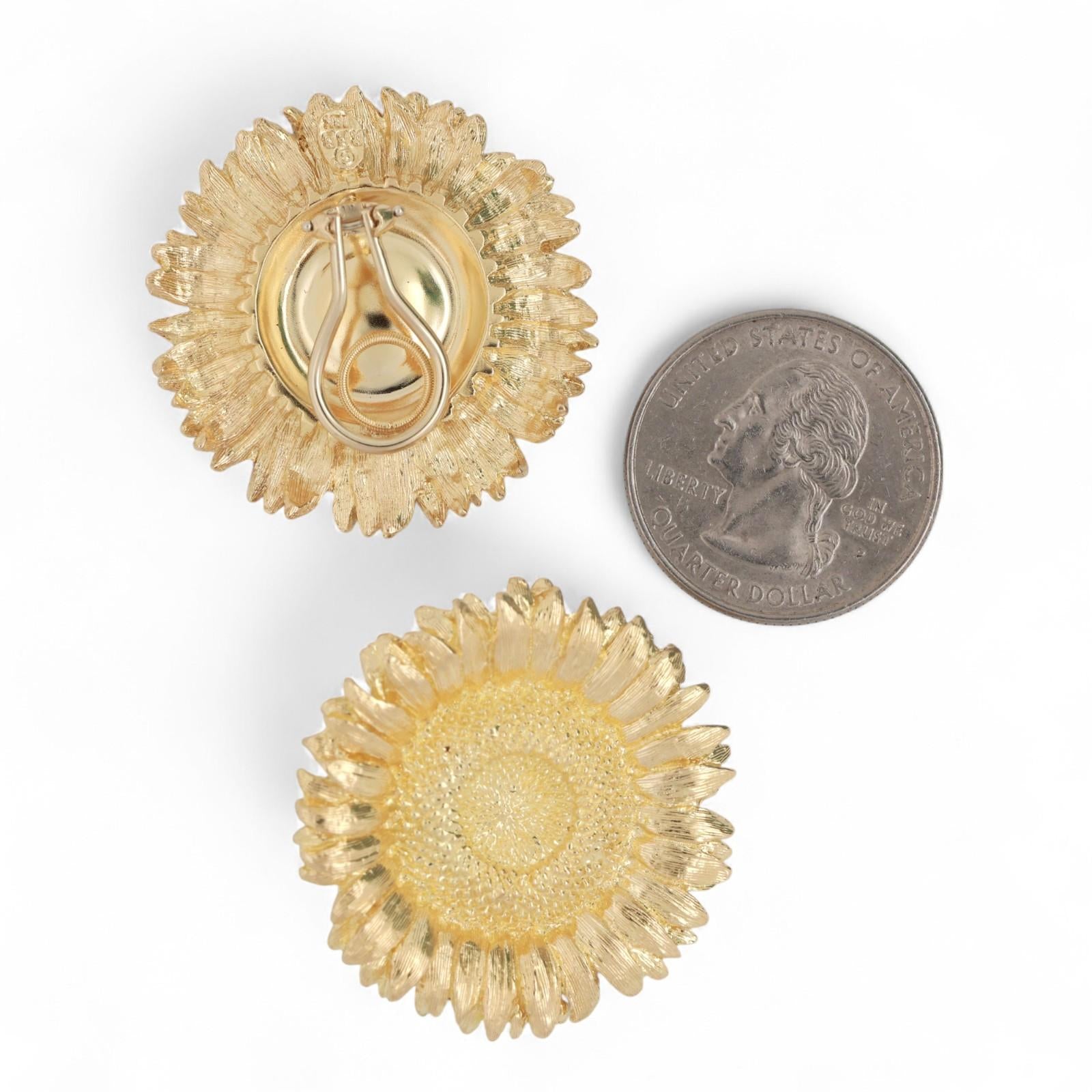 Robert Bruce Bielka Sunflower Earrings Clip On 18K Yellow Gold 1.30" Ladies