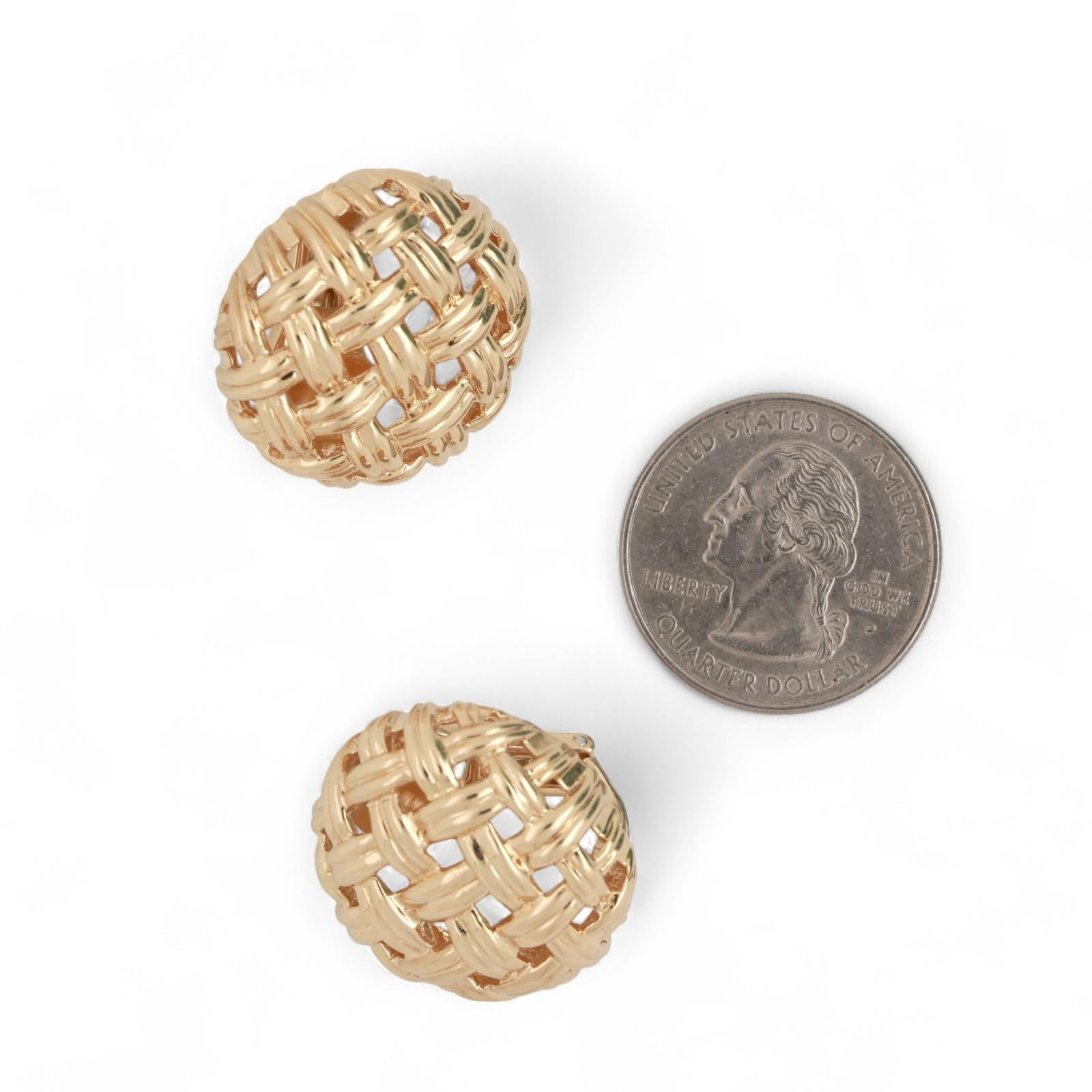Jean Vitau 18K Yellow Gold Basket Weave Button Earrings 0.95" Ladies Estate