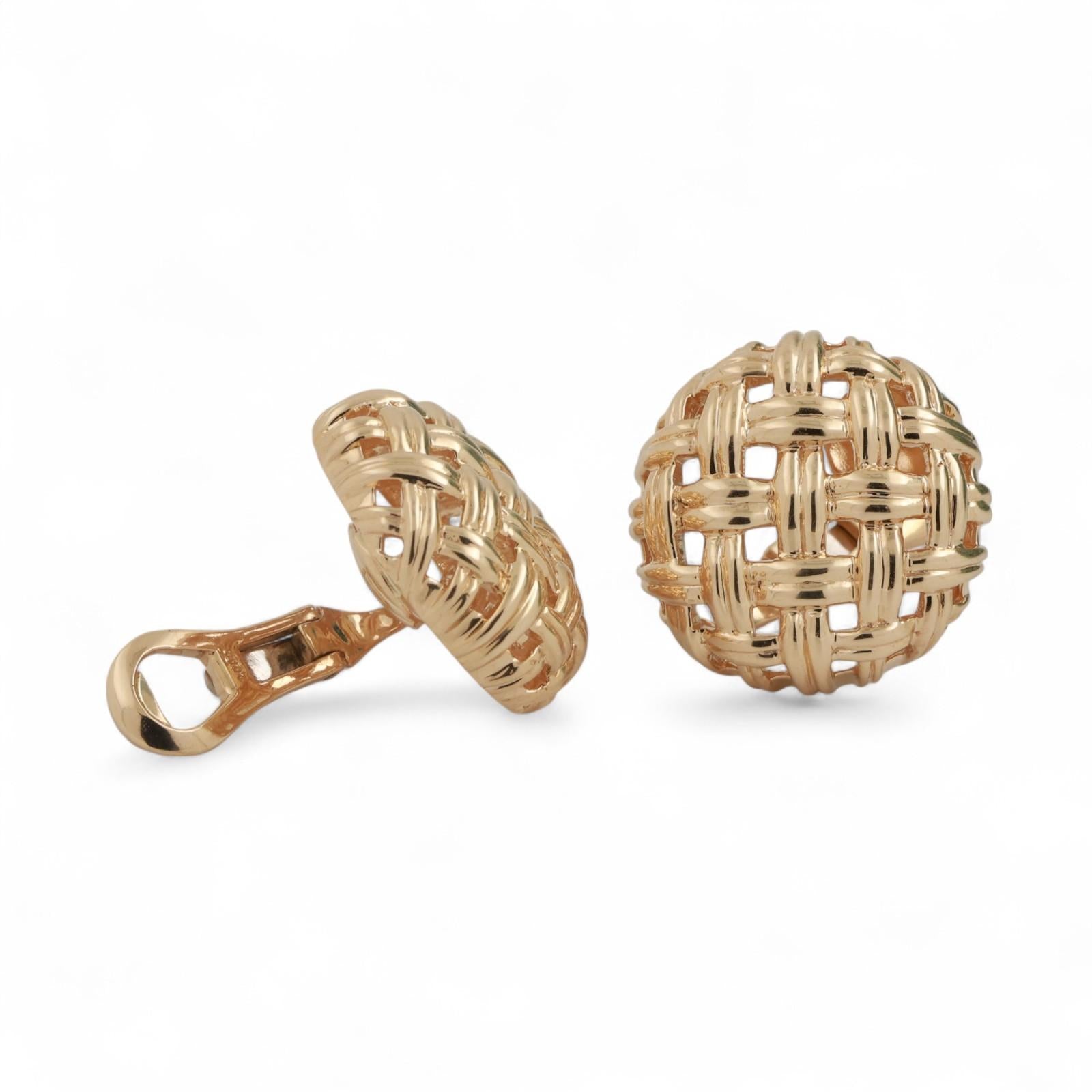 Jean Vitau 18K Yellow Gold Basket Weave Button Earrings 0.95" Ladies Estate