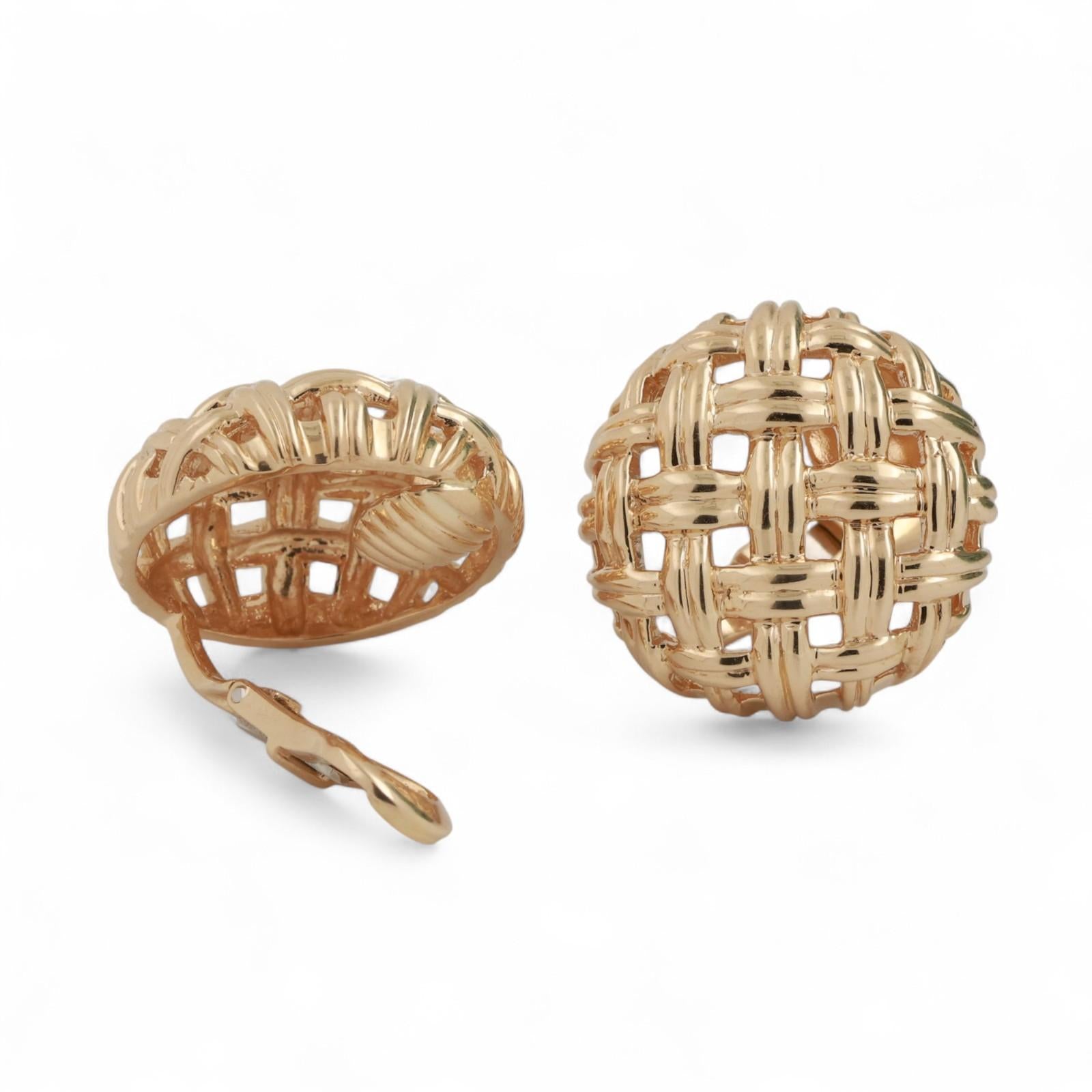 Jean Vitau 18K Yellow Gold Basket Weave Button Earrings 0.95" Ladies Estate