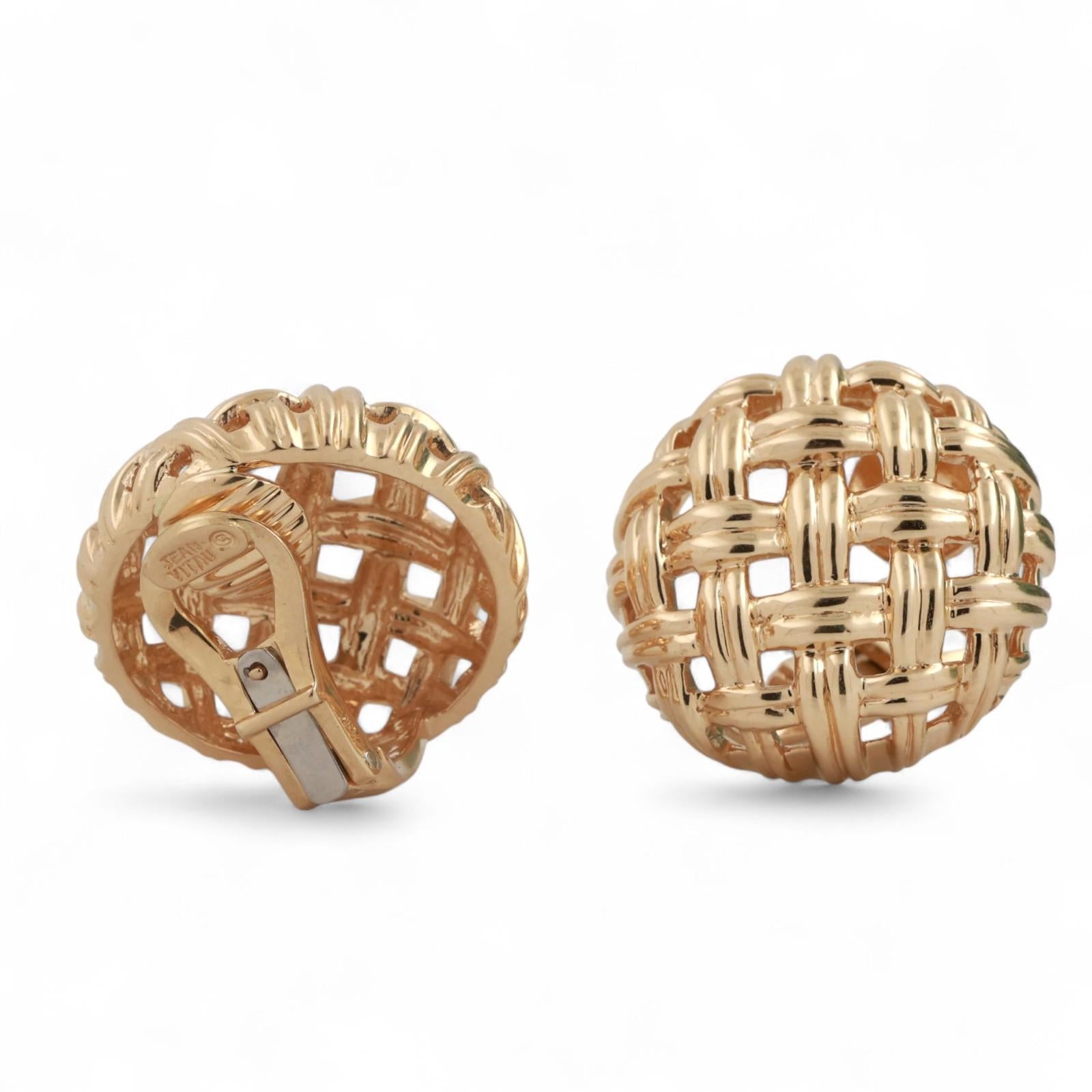 Jean Vitau 18K Yellow Gold Basket Weave Button Earrings 0.95" Ladies Estate