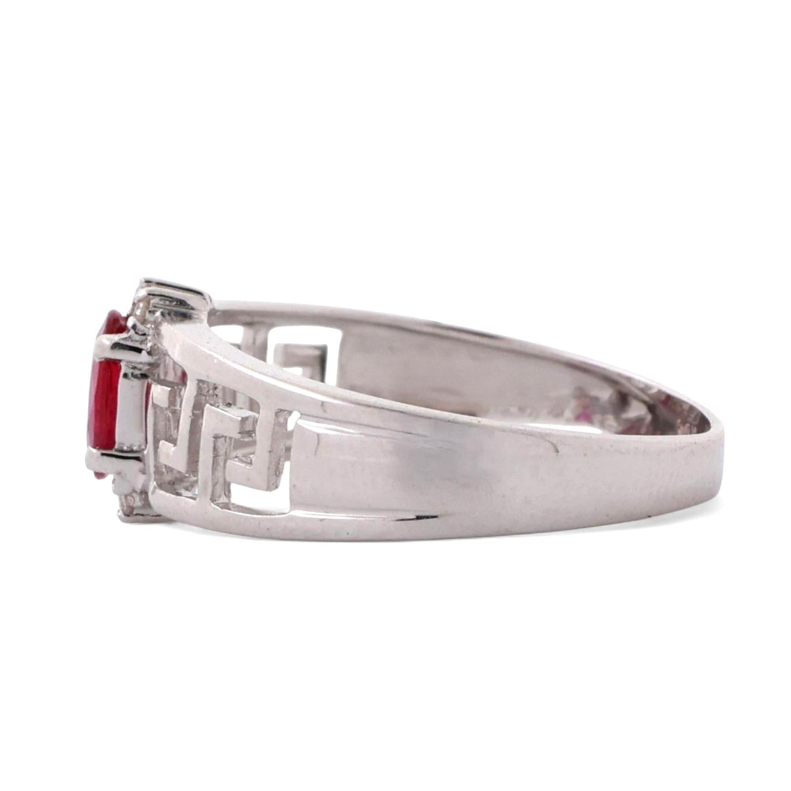 Ruby Diamond Ring 14K White Gold Greek Key Design 0.62 CTW Size 7.25 Estate