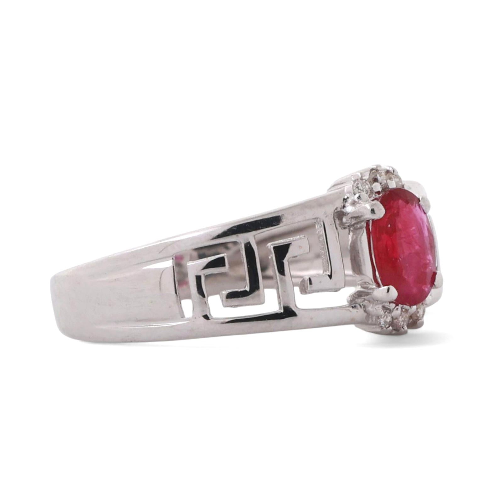 Ruby Diamond Ring 14K White Gold Greek Key Design 0.62 CTW Size 7.25 Estate