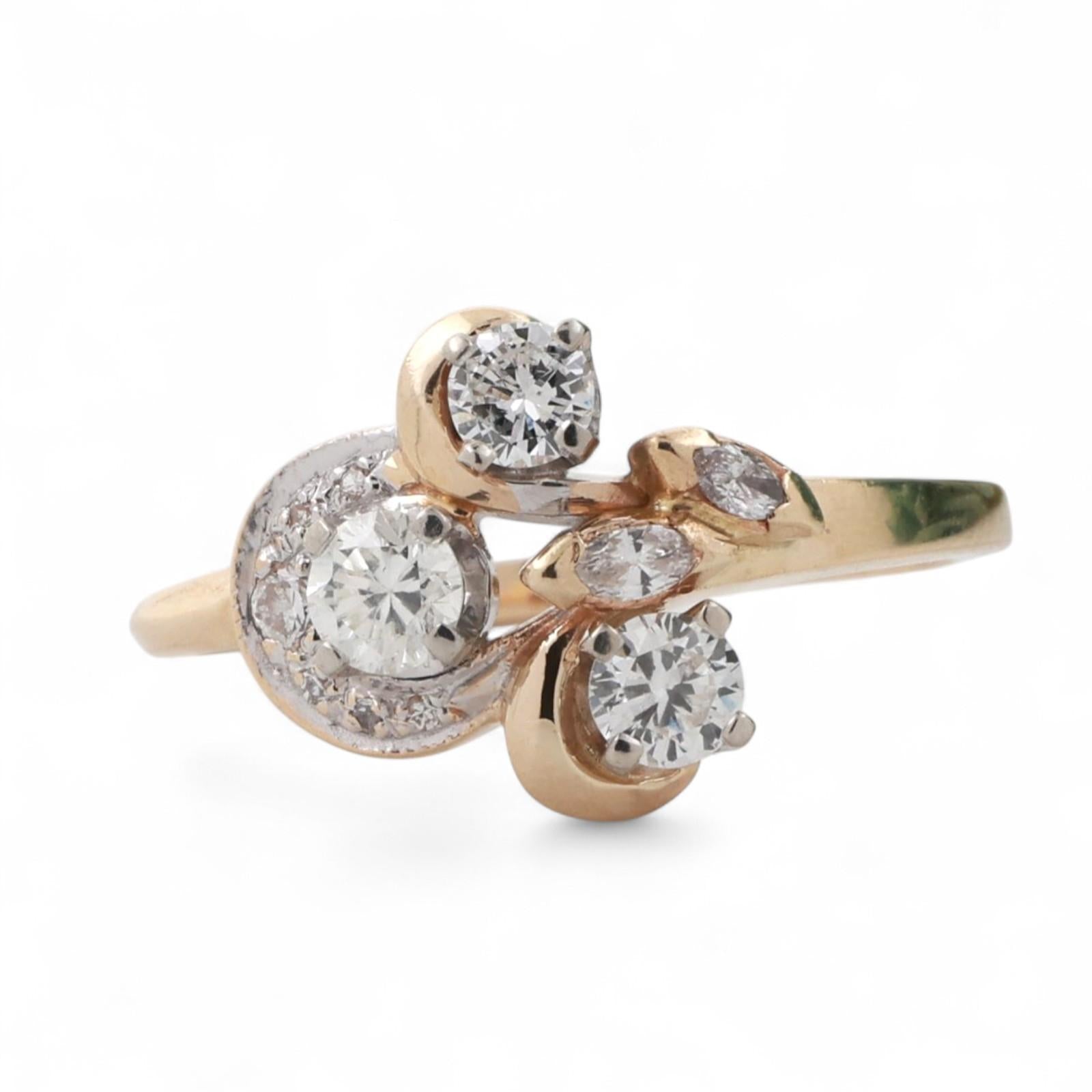 Vintage Diamond Statement Ring 0.80 TW Round Marquise Diamonds 14K Gold Size 10