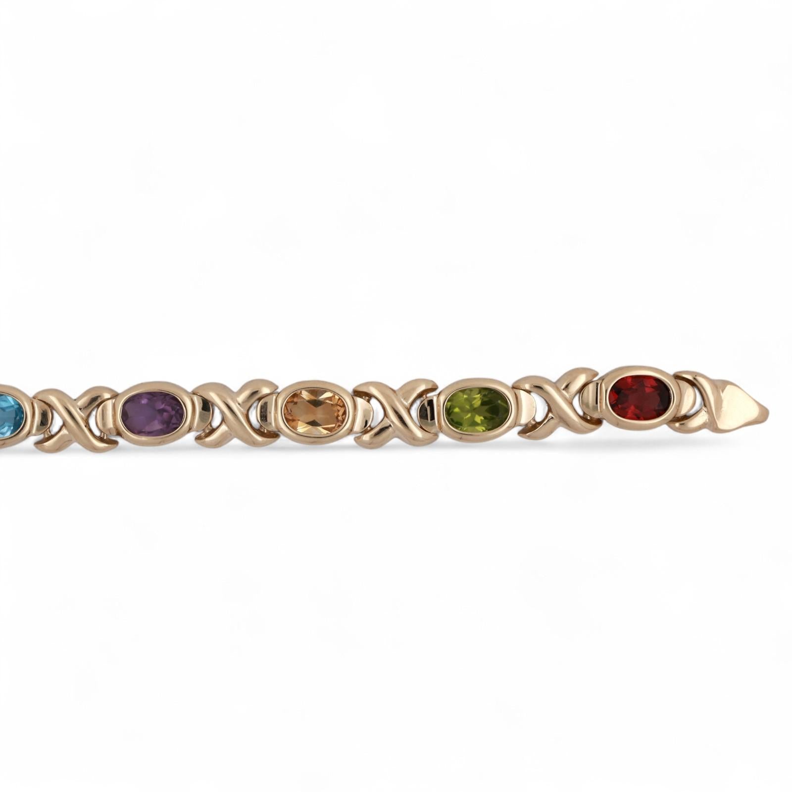 Multi Gemstone XO Link Bracelet 14K Yellow Gold 4.78 CTW Oval Gems 7"