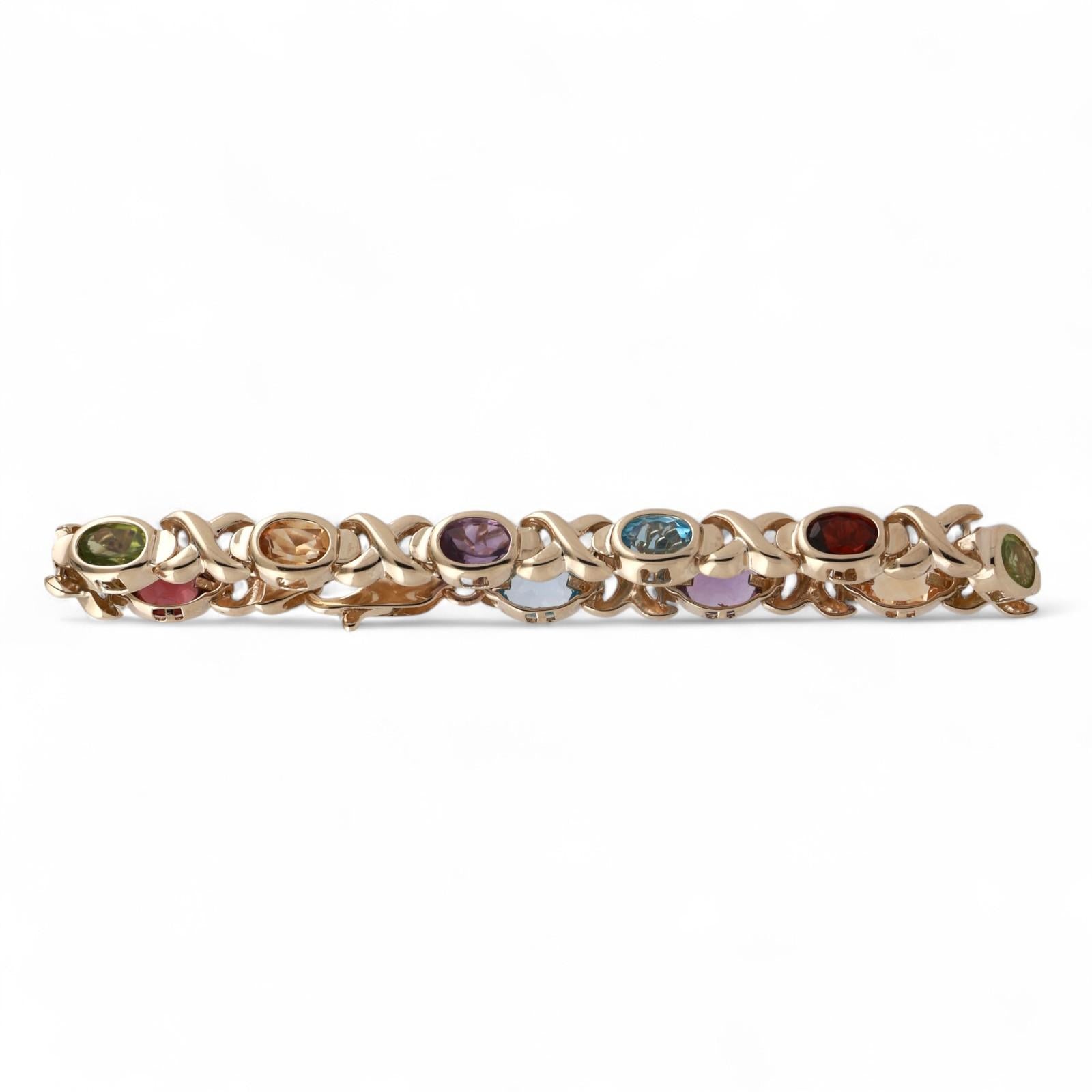 Multi Gemstone XO Link Bracelet 14K Yellow Gold 4.78 CTW Oval Gems 7"